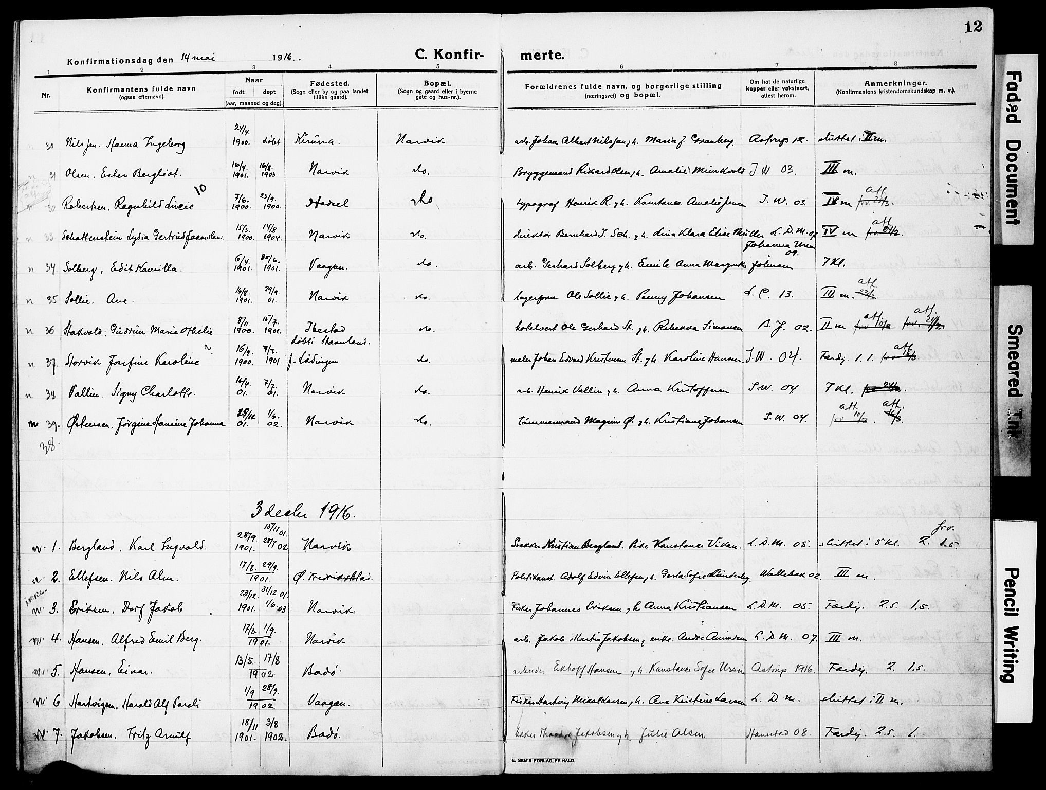 Ministerialprotokoller, klokkerbøker og fødselsregistre - Nordland, AV/SAT-A-1459/871/L0989: Parish register (official) no. 871A05, 1915-1922, p. 12