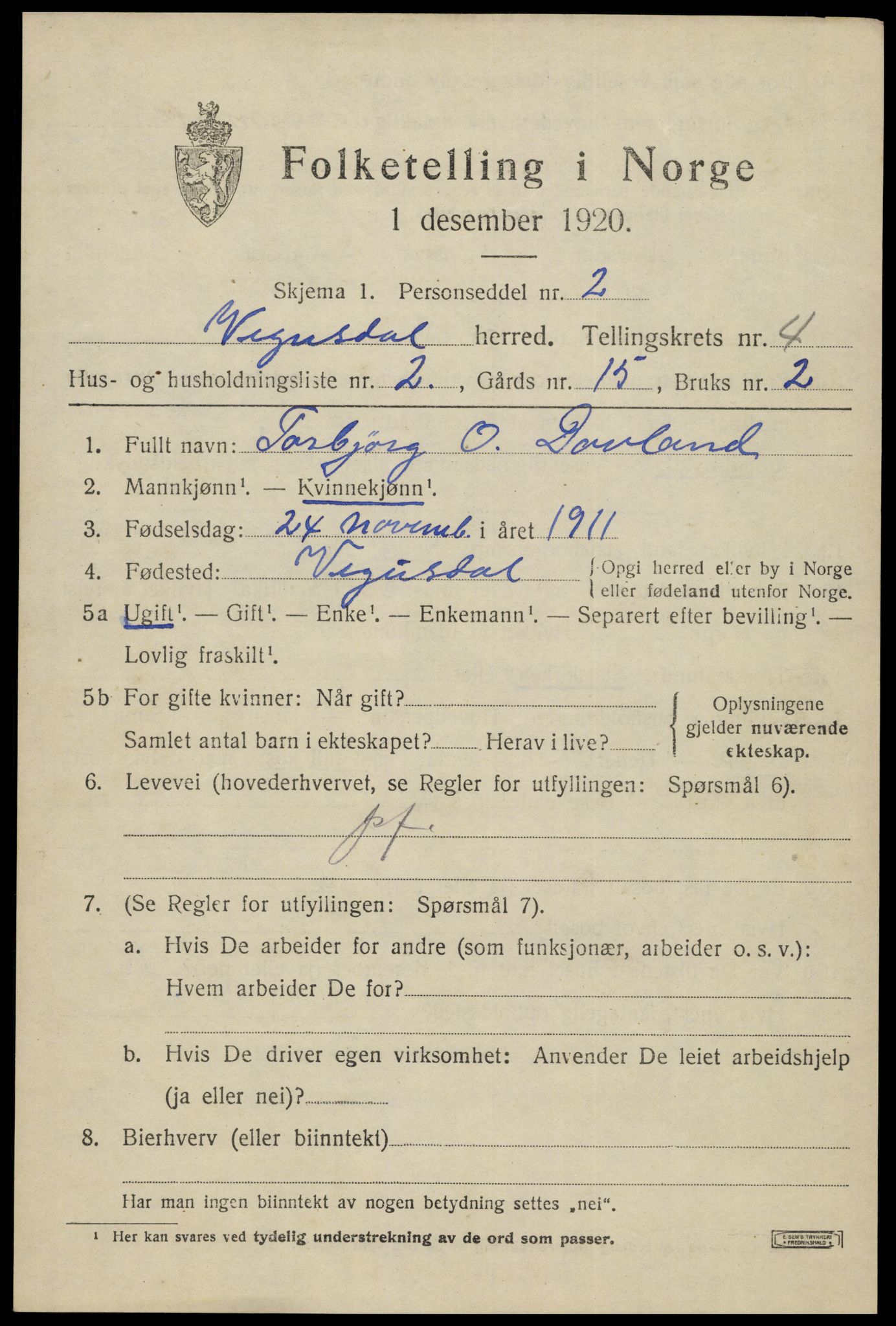 SAK, 1920 census for Vegusdal, 1920, p. 1069