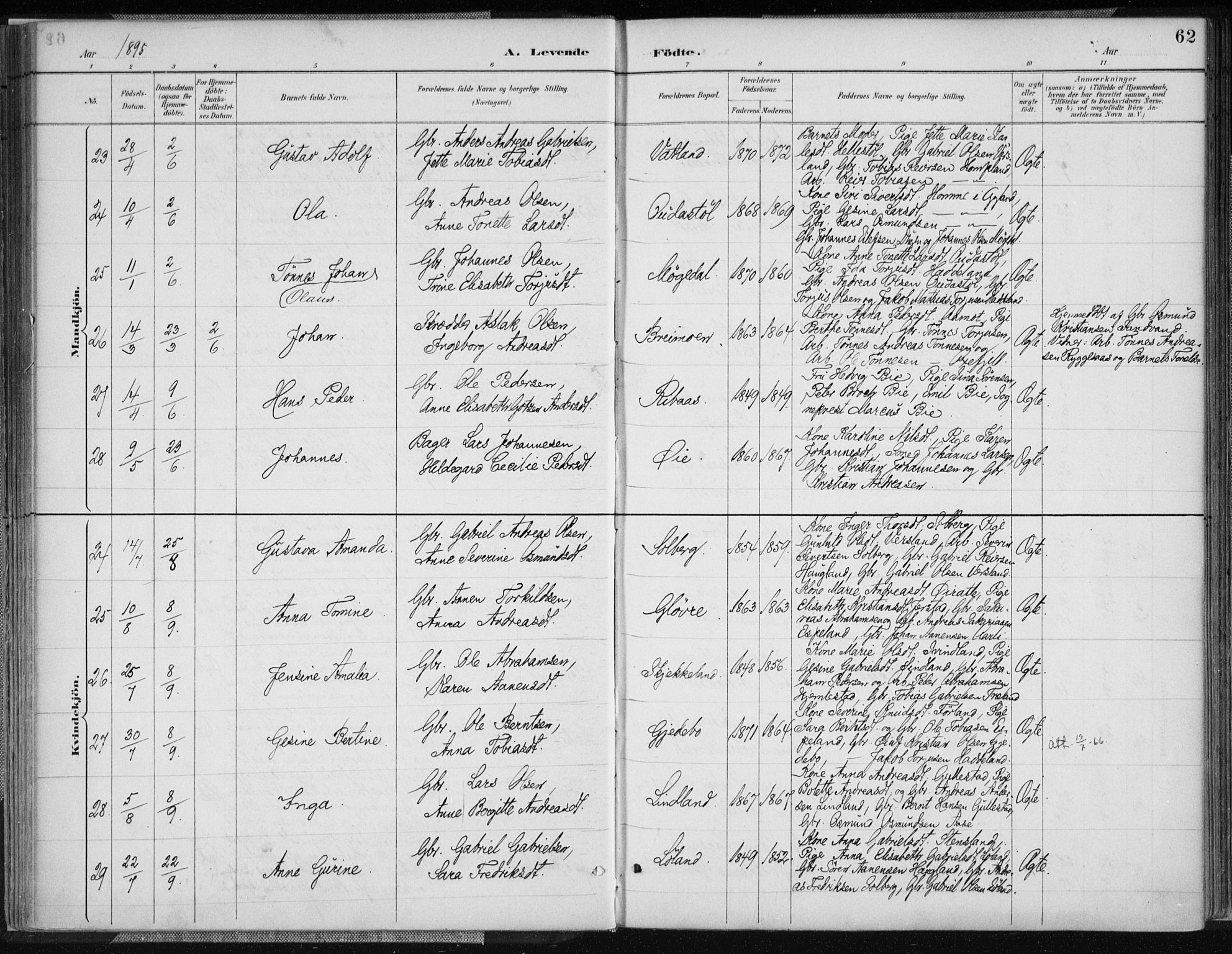 Kvinesdal sokneprestkontor, AV/SAK-1111-0026/F/Fa/Fab/L0008: Parish register (official) no. A 8, 1886-1897, p. 62