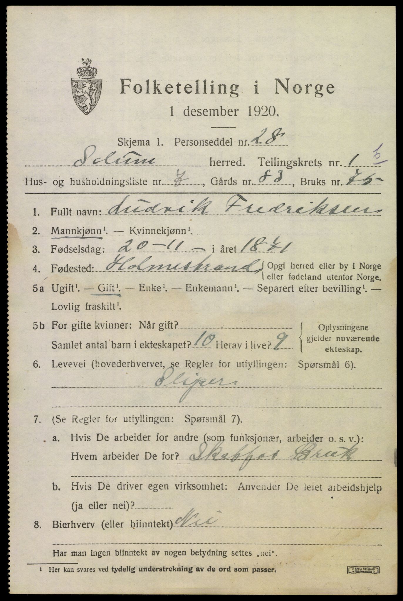 SAKO, 1920 census for Solum, 1920, p. 4184