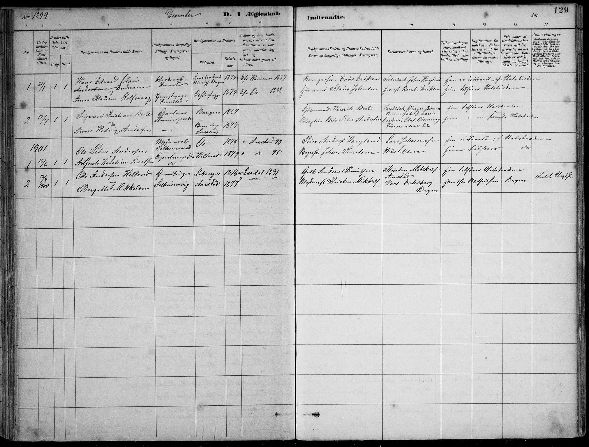 Årstad Sokneprestembete, AV/SAB-A-79301/H/Hab/L0011: Parish register (copy) no. B 1, 1886-1901, p. 129