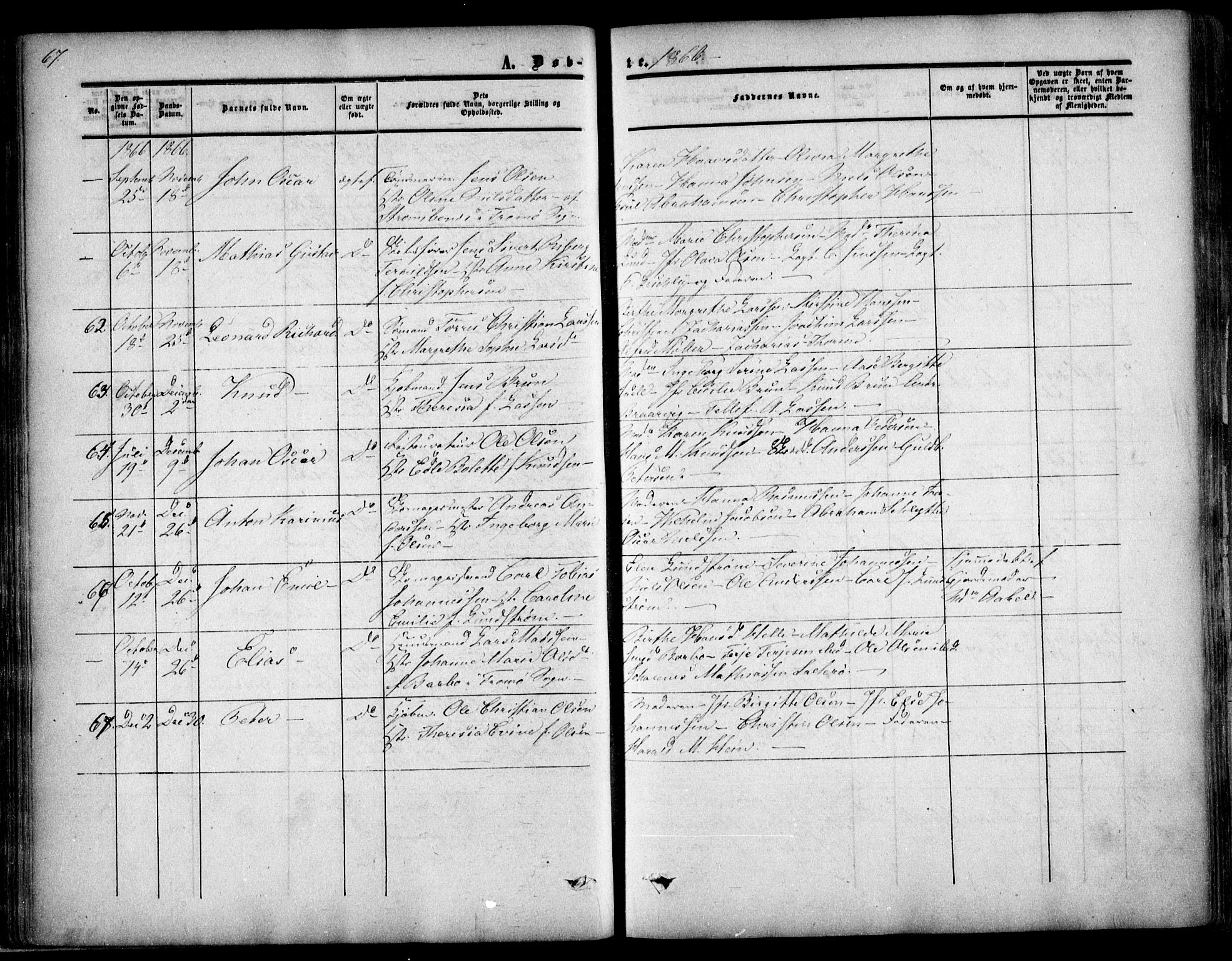 Arendal sokneprestkontor, Trefoldighet, AV/SAK-1111-0040/F/Fa/L0006: Parish register (official) no. A 6, 1855-1868, p. 67