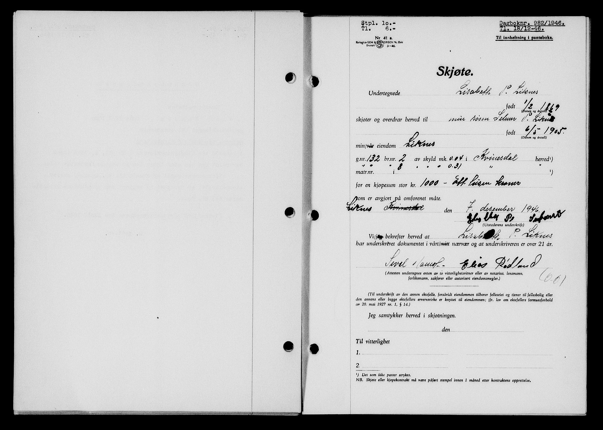 Flekkefjord sorenskriveri, AV/SAK-1221-0001/G/Gb/Gba/L0061: Mortgage book no. A-9, 1946-1947, Diary no: : 982/1946