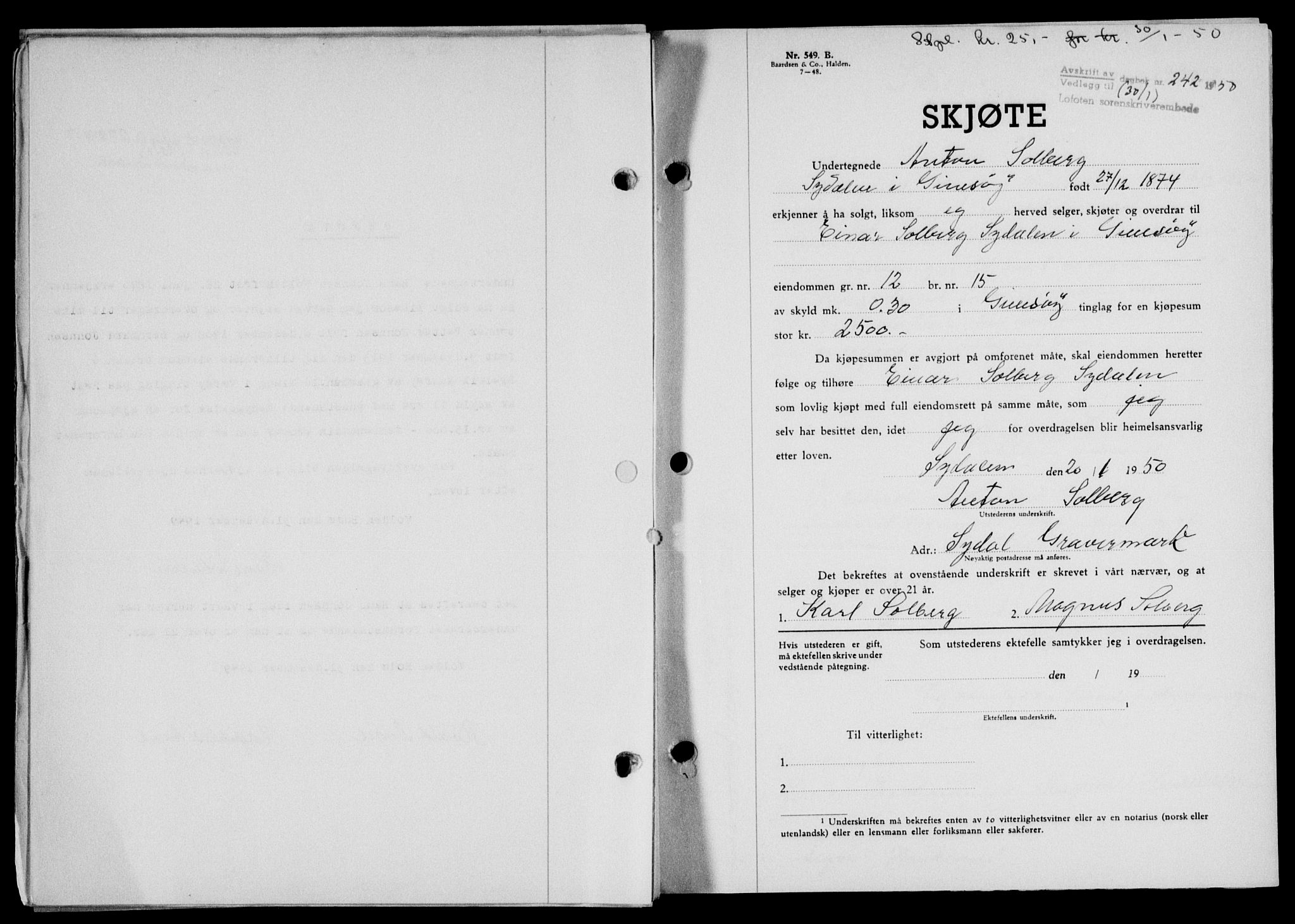 Lofoten sorenskriveri, SAT/A-0017/1/2/2C/L0022a: Mortgage book no. 22a, 1949-1950, Diary no: : 242/1950