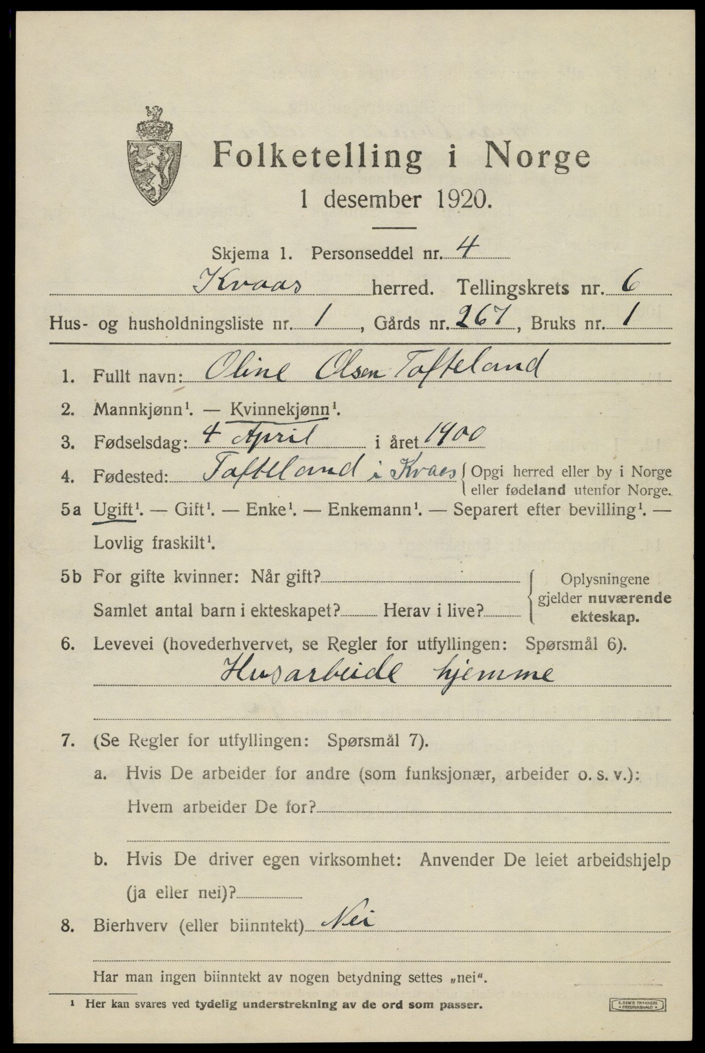 SAK, 1920 census for Kvås, 1920, p. 1508