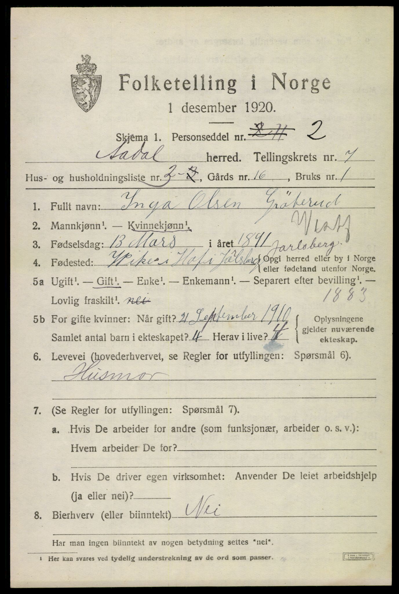 SAKO, 1920 census for Ådal, 1920, p. 5024