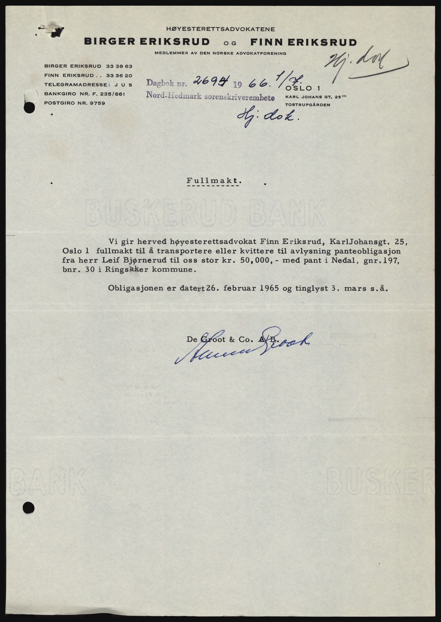 Nord-Hedmark sorenskriveri, SAH/TING-012/H/Hc/L0024: Mortgage book no. 24, 1966-1966, Diary no: : 2694/1966