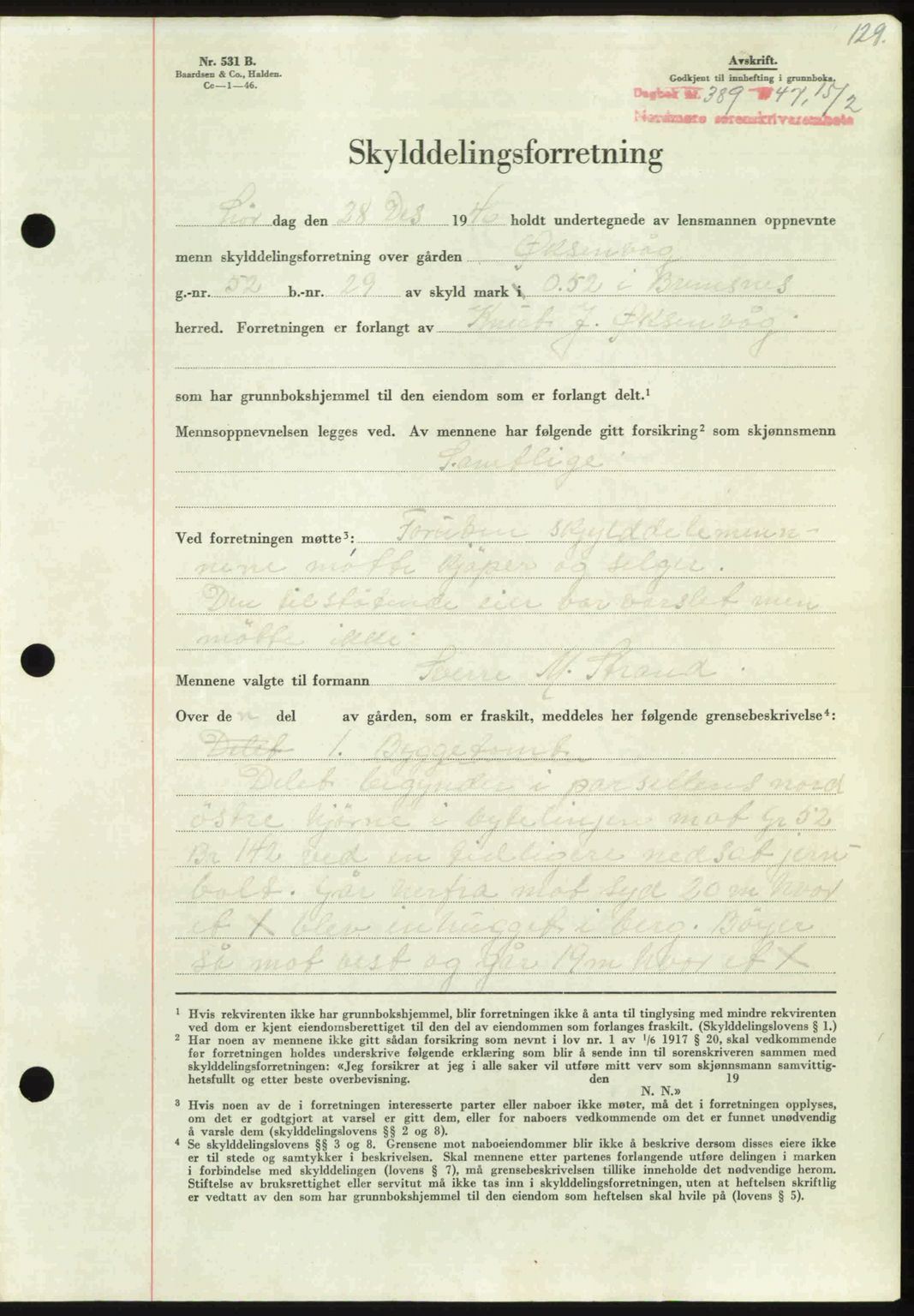 Nordmøre sorenskriveri, AV/SAT-A-4132/1/2/2Ca: Mortgage book no. A104, 1947-1947, Diary no: : 389/1947