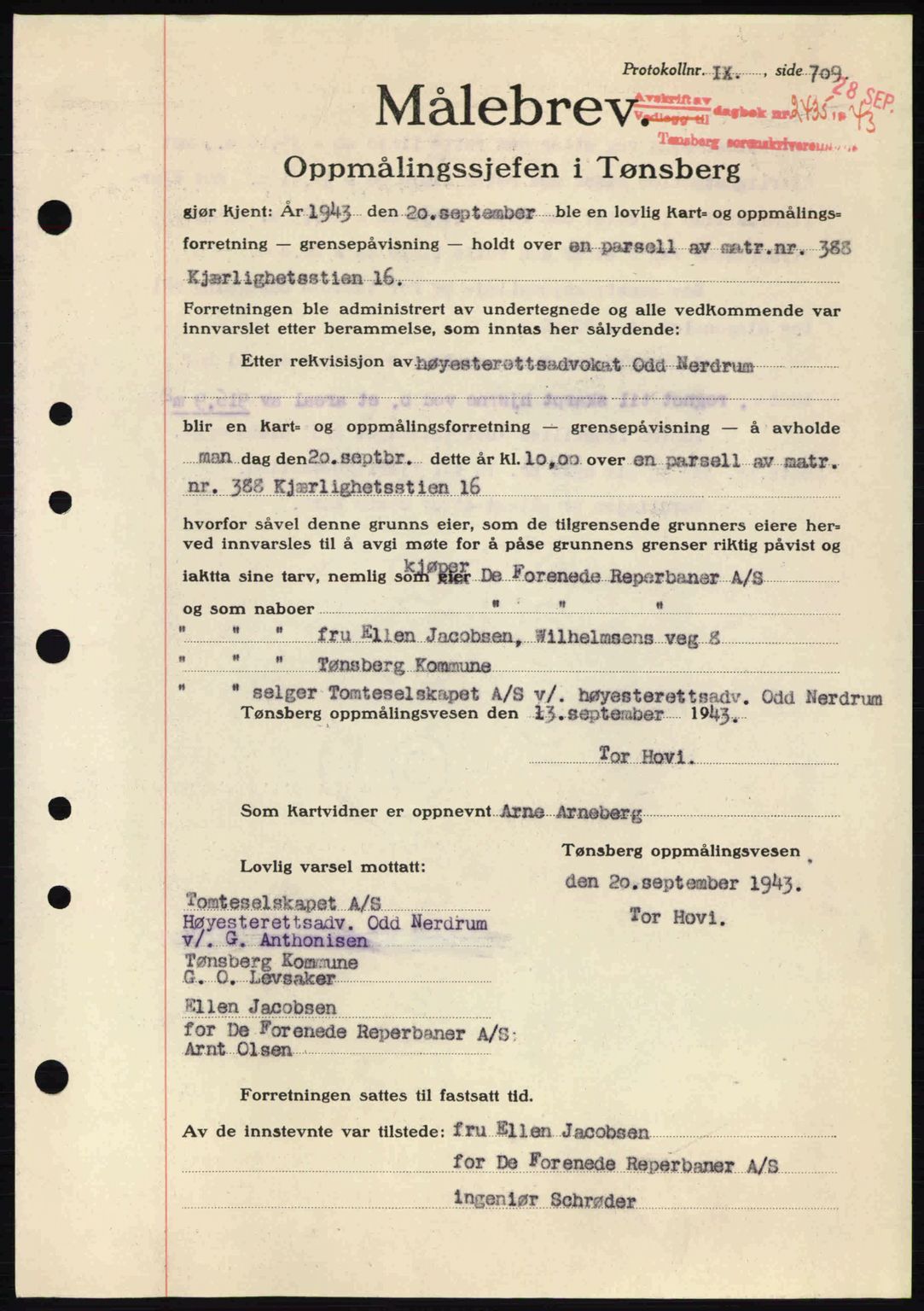 Tønsberg sorenskriveri, AV/SAKO-A-130/G/Ga/Gaa/L0014: Mortgage book no. A14, 1943-1944, Diary no: : 2435/1943