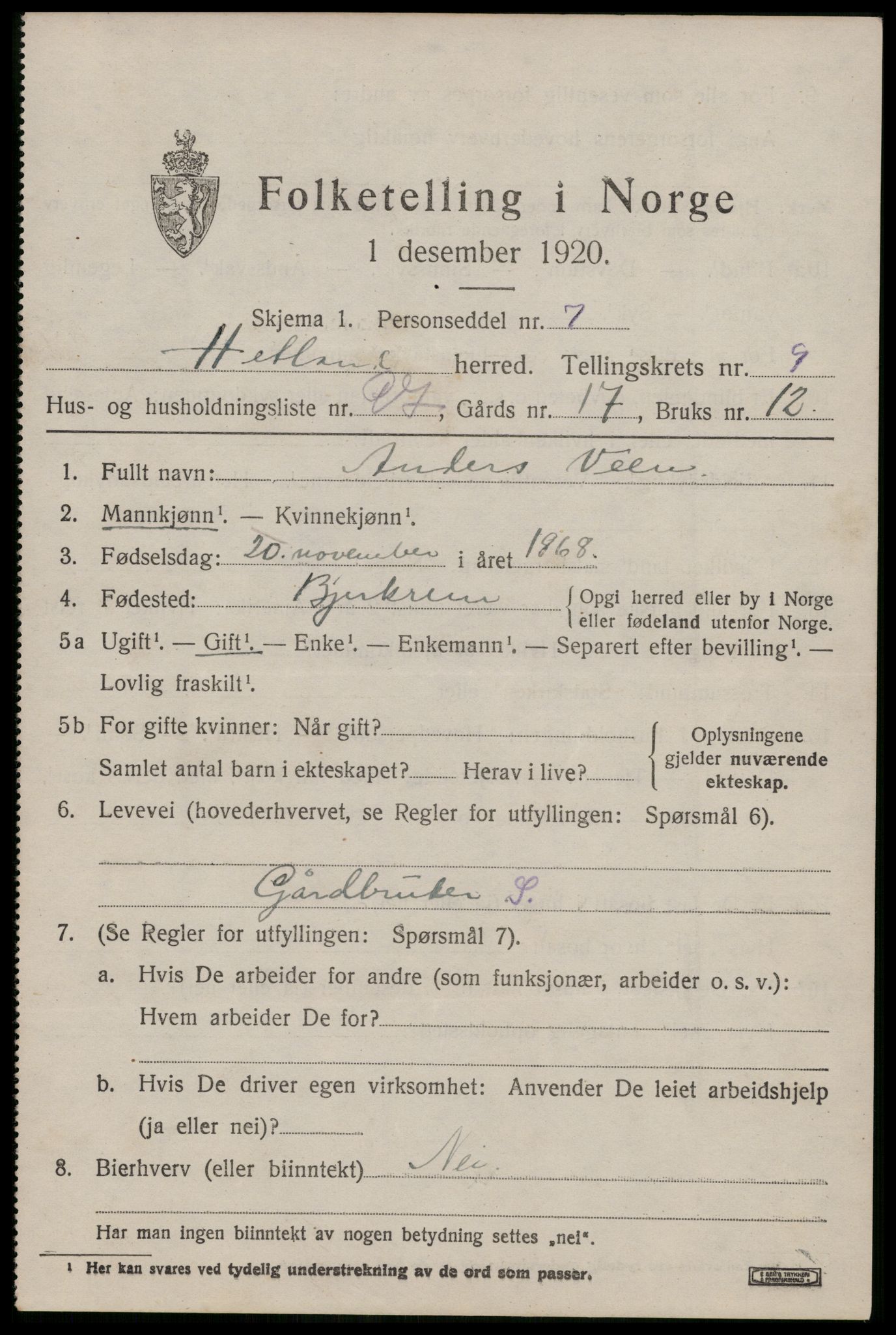 SAST, 1920 census for Hetland, 1920, p. 18897