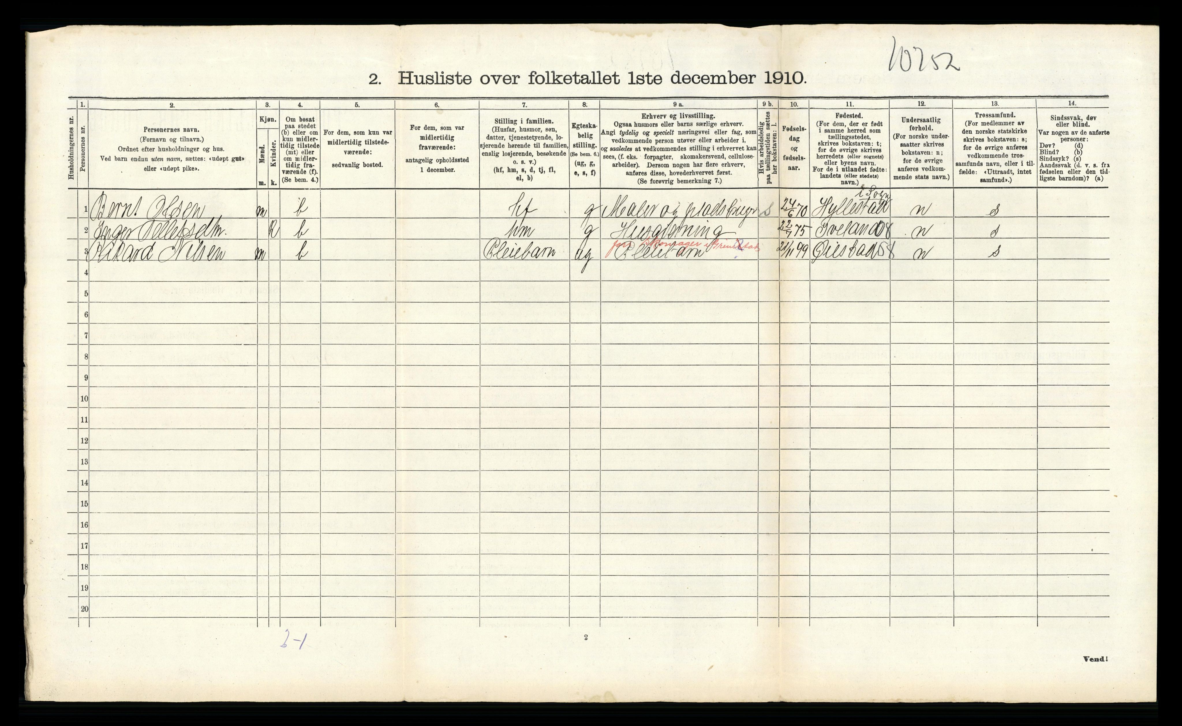 RA, 1910 census for Birkenes, 1910, p. 735