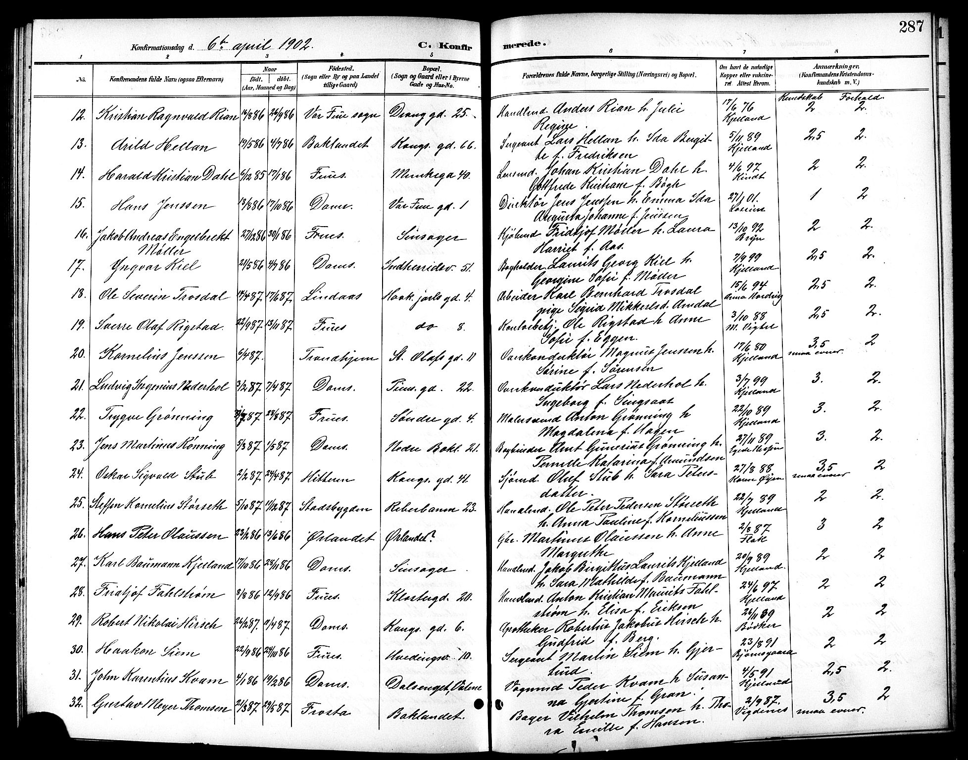 Ministerialprotokoller, klokkerbøker og fødselsregistre - Sør-Trøndelag, SAT/A-1456/601/L0094: Parish register (copy) no. 601C12, 1898-1911, p. 287