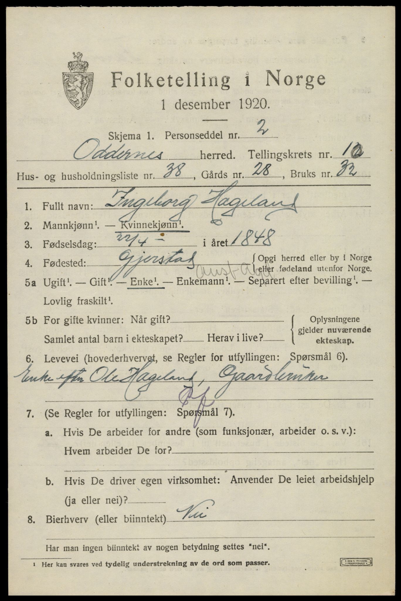 SAK, 1920 census for Oddernes, 1920, p. 6841