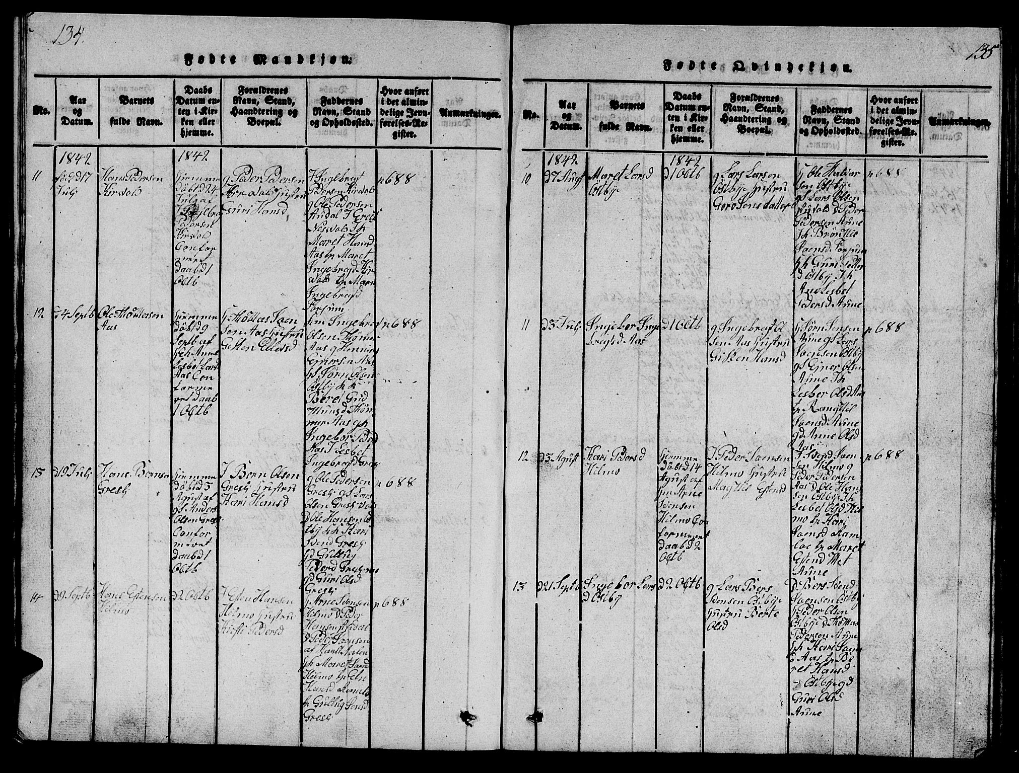 Ministerialprotokoller, klokkerbøker og fødselsregistre - Sør-Trøndelag, SAT/A-1456/698/L1164: Parish register (copy) no. 698C01, 1816-1861, p. 134-135