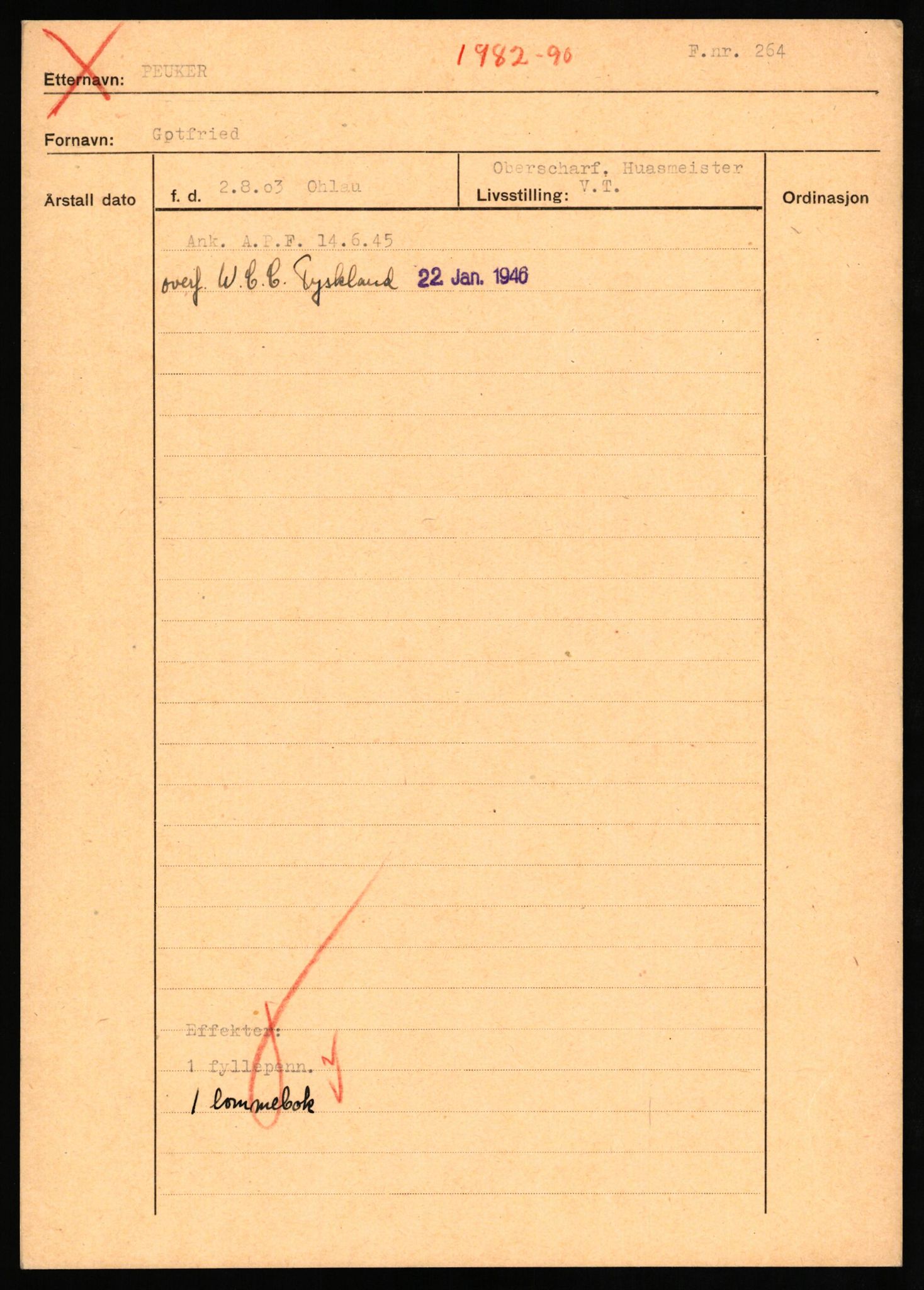 Forsvaret, Forsvarets overkommando II, RA/RAFA-3915/D/Db/L0026: CI Questionaires. Tyske okkupasjonsstyrker i Norge. Tyskere., 1945-1946, p. 36