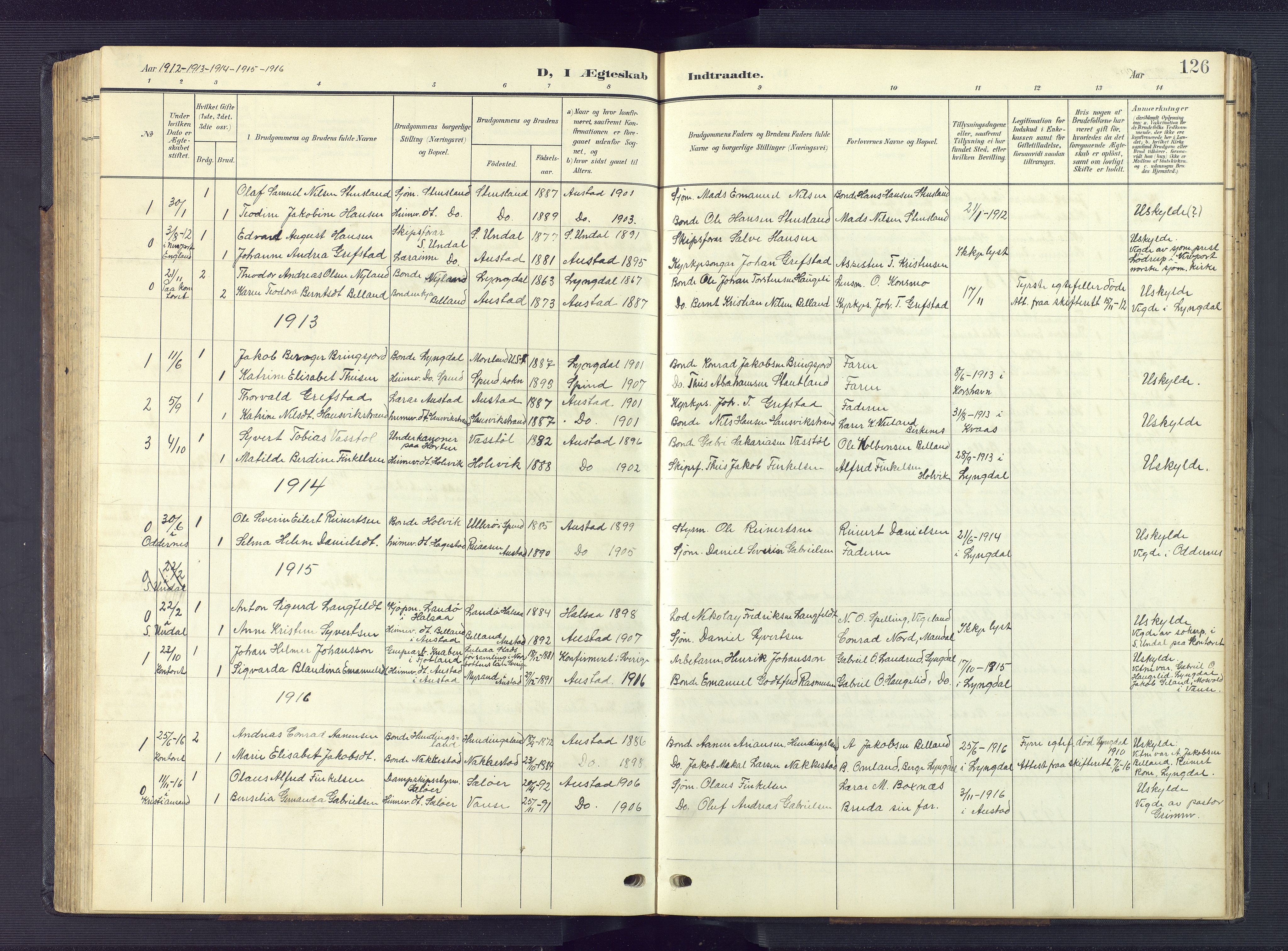 Lyngdal sokneprestkontor, AV/SAK-1111-0029/F/Fb/Fba/L0004: Parish register (copy) no. B 4, 1904-1950, p. 126