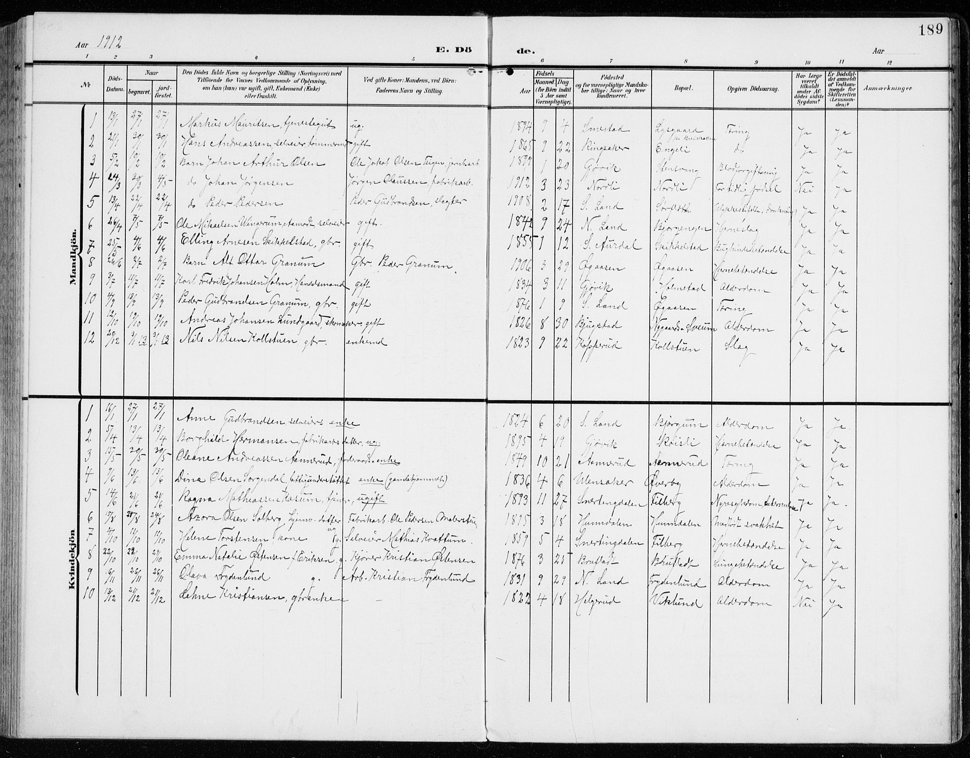 Vardal prestekontor, AV/SAH-PREST-100/H/Ha/Haa/L0016: Parish register (official) no. 16, 1904-1916, p. 189