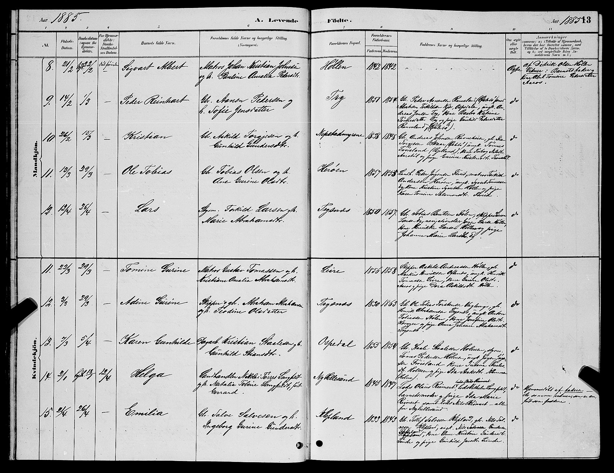 Søgne sokneprestkontor, AV/SAK-1111-0037/F/Fb/Fbb/L0005: Parish register (copy) no. B 5, 1884-1891, p. 13