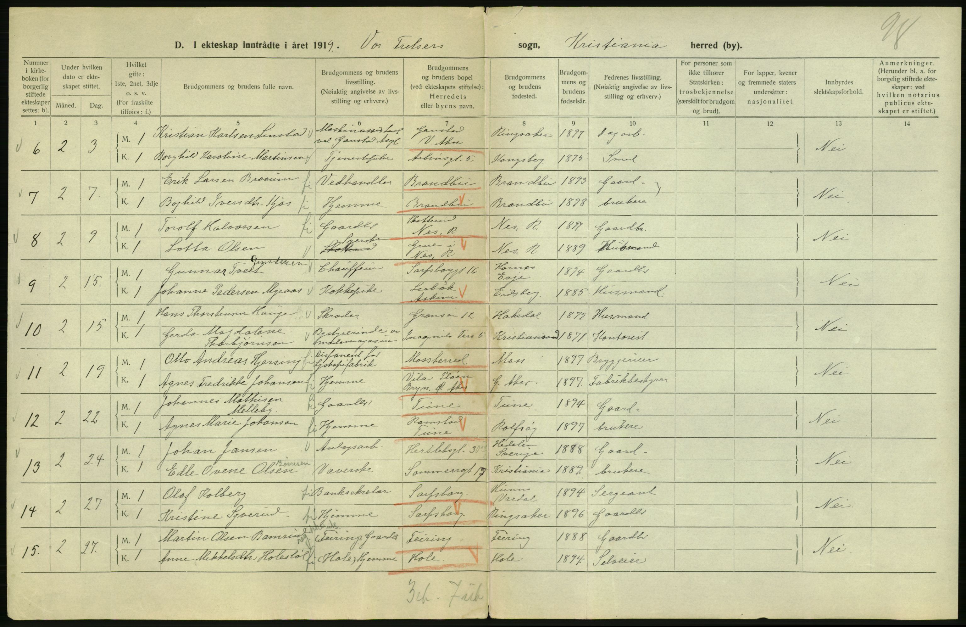 Statistisk sentralbyrå, Sosiodemografiske emner, Befolkning, AV/RA-S-2228/D/Df/Dfb/Dfbi/L0009: Kristiania: Gifte, 1919, p. 4
