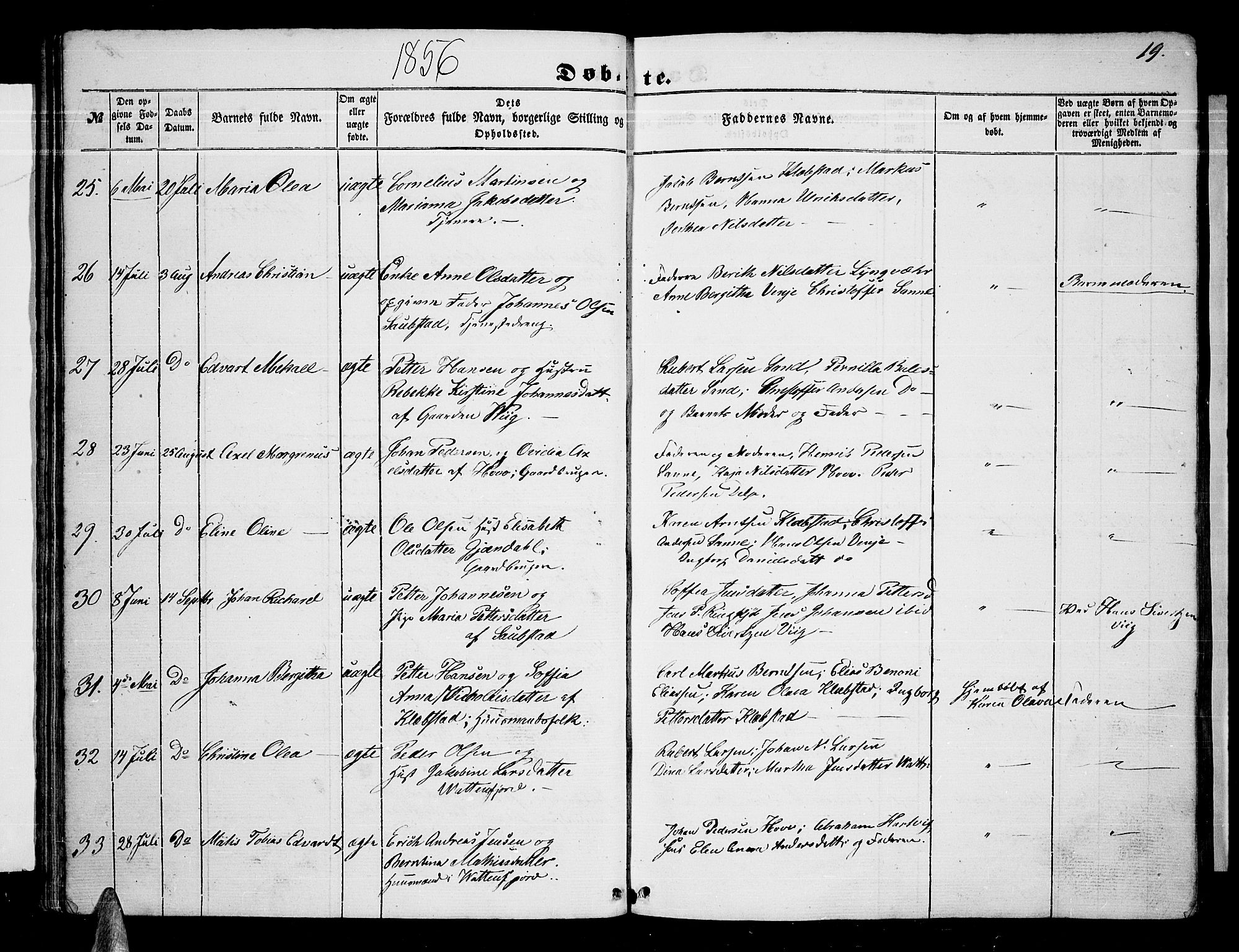 Ministerialprotokoller, klokkerbøker og fødselsregistre - Nordland, AV/SAT-A-1459/876/L1102: Parish register (copy) no. 876C01, 1852-1886, p. 19