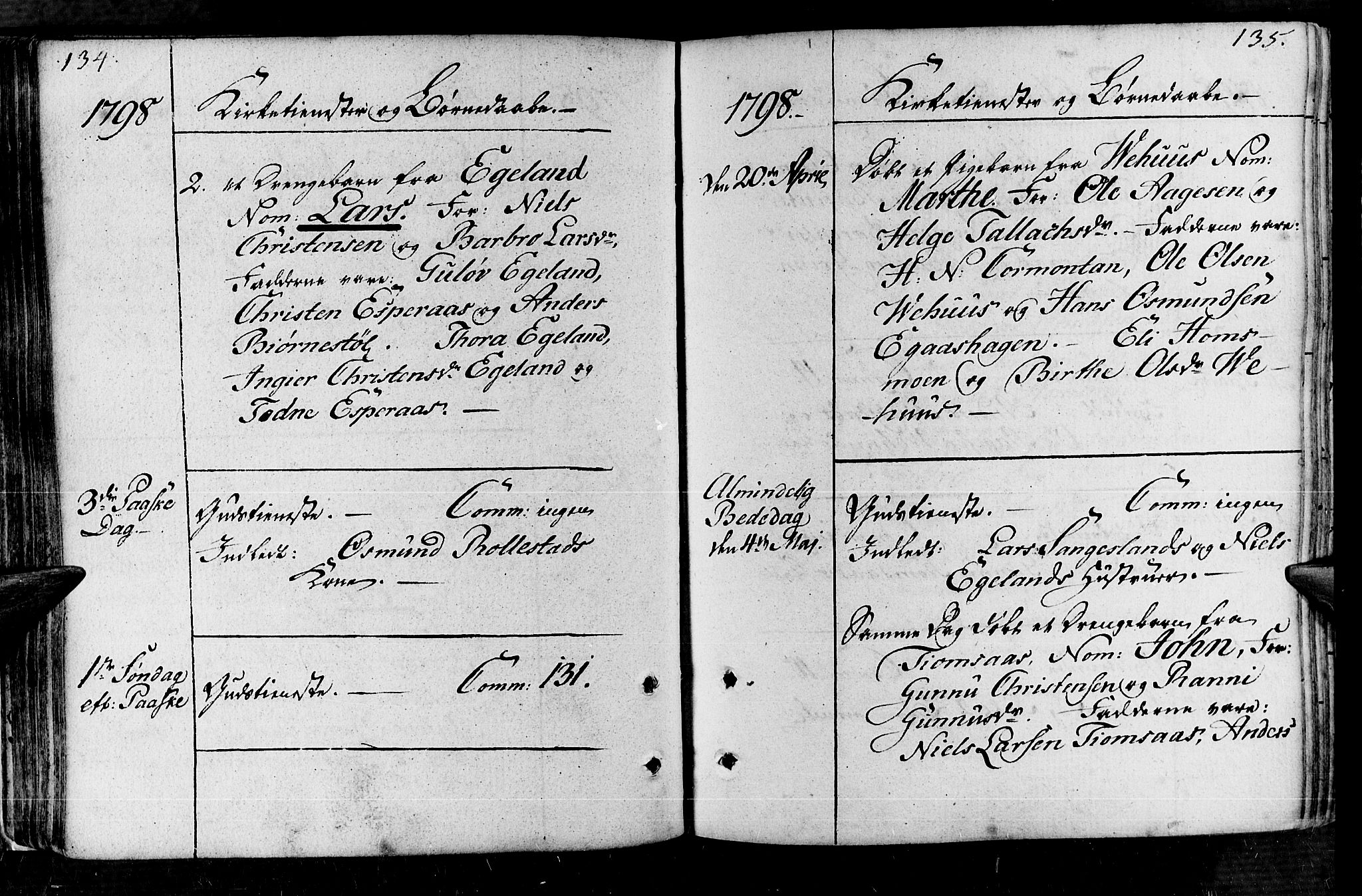 Vennesla sokneprestkontor, AV/SAK-1111-0045/Fa/Fac/L0002: Parish register (official) no. A 2, 1785-1834, p. 134-135