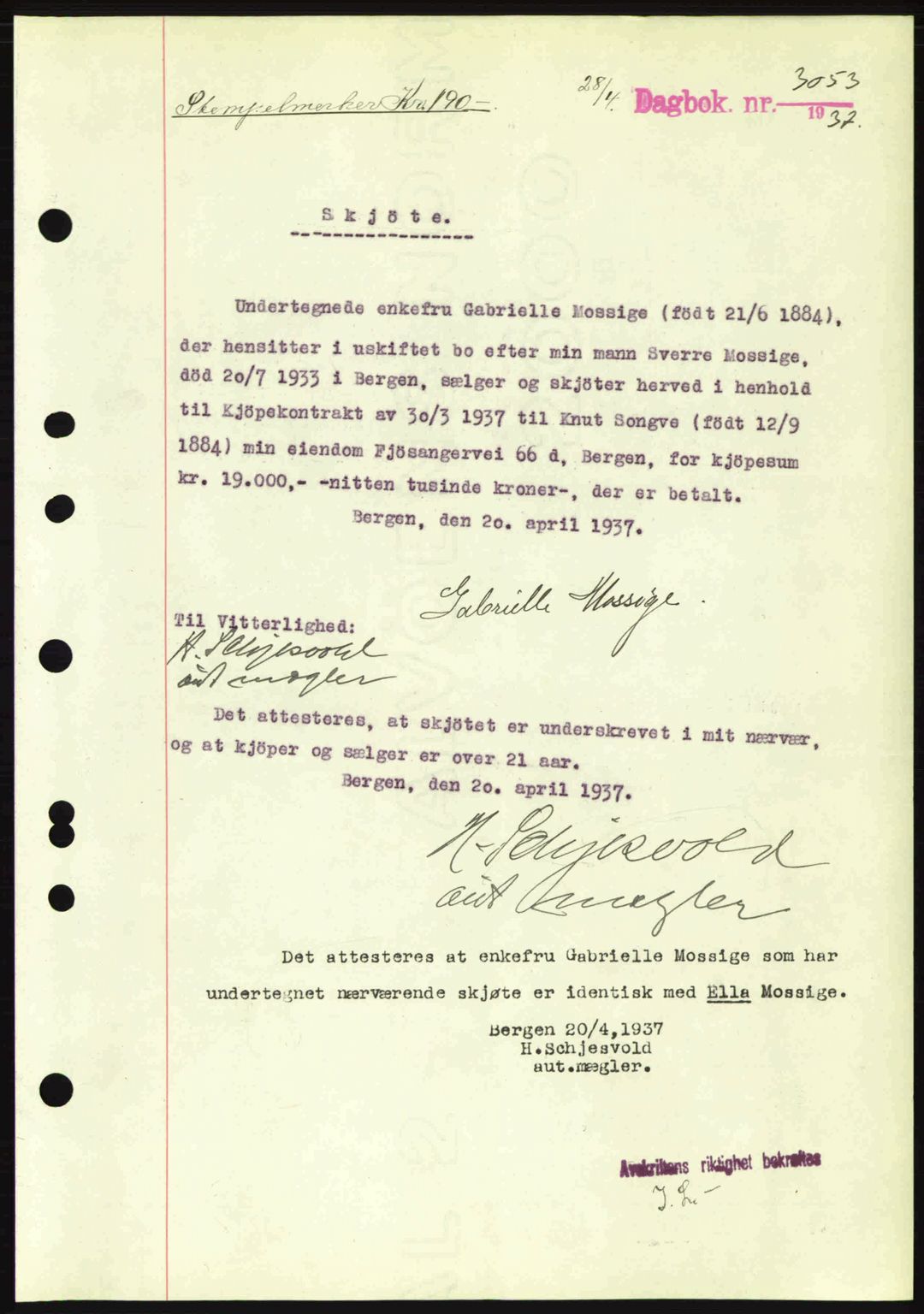 Byfogd og Byskriver i Bergen, SAB/A-3401/03/03Bc/L0004: Mortgage book no. A3-4, 1936-1937, Diary no: : 3053/1937