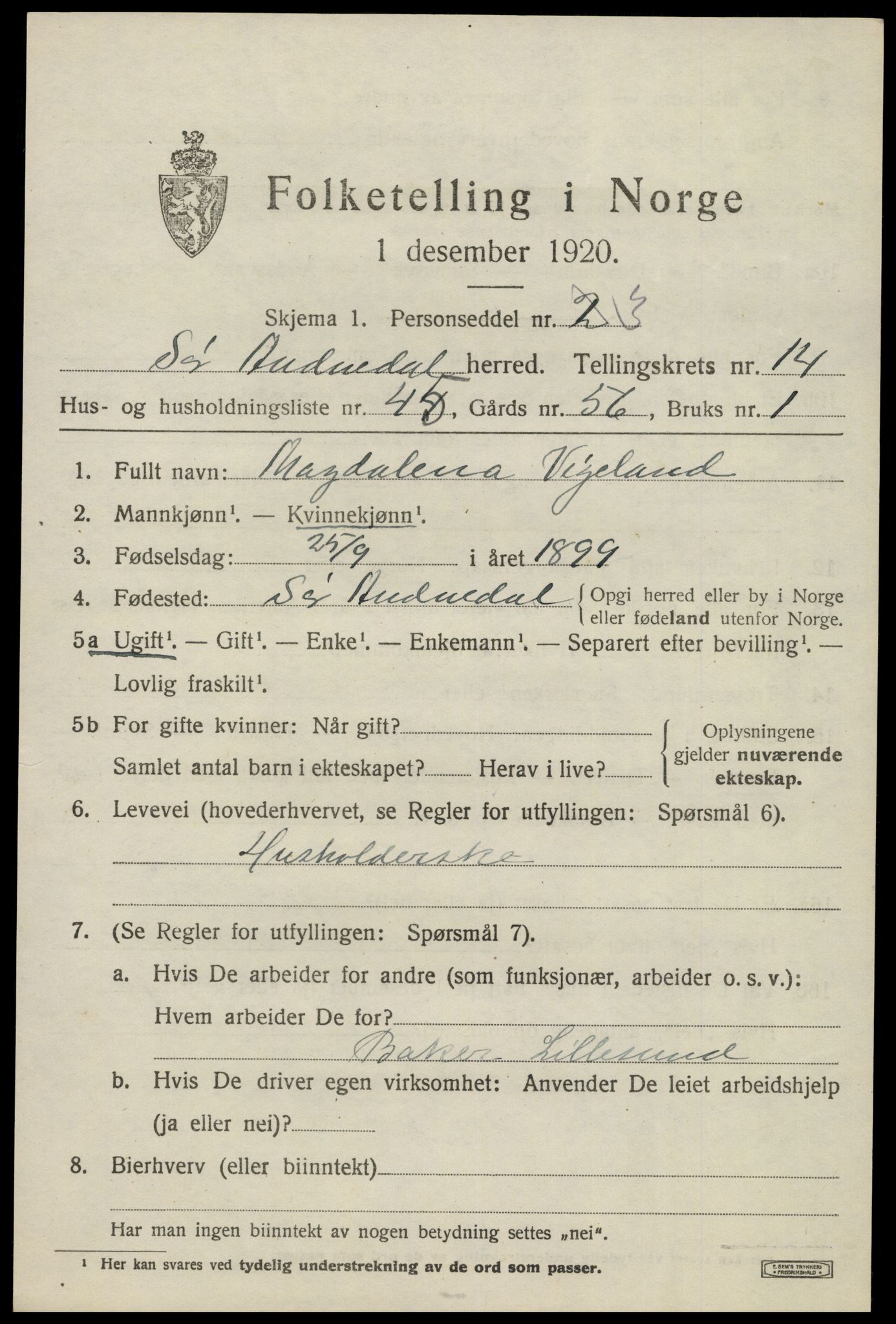 SAK, 1920 census for Sør-Audnedal, 1920, p. 5599