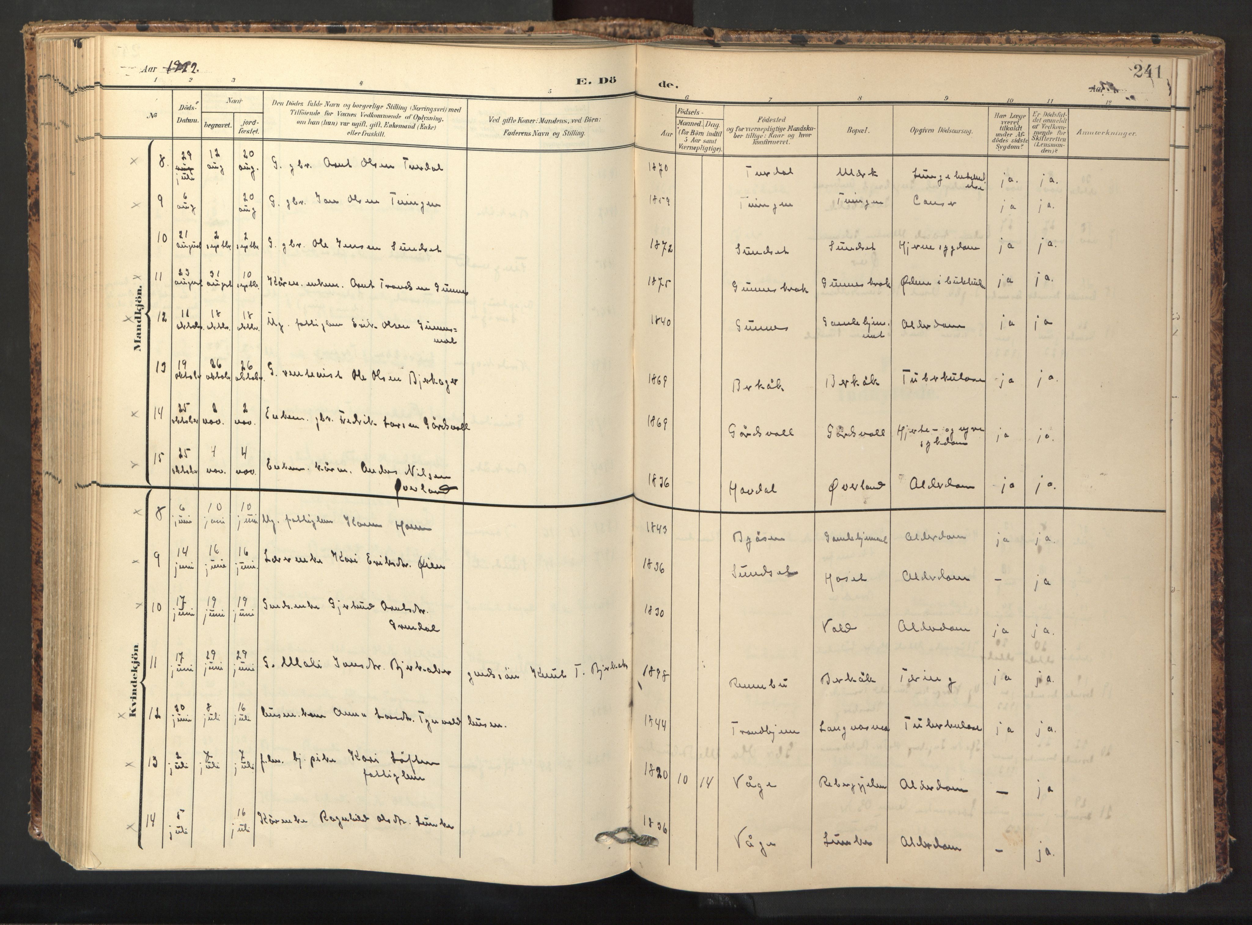 Ministerialprotokoller, klokkerbøker og fødselsregistre - Sør-Trøndelag, AV/SAT-A-1456/674/L0873: Parish register (official) no. 674A05, 1908-1923, p. 241