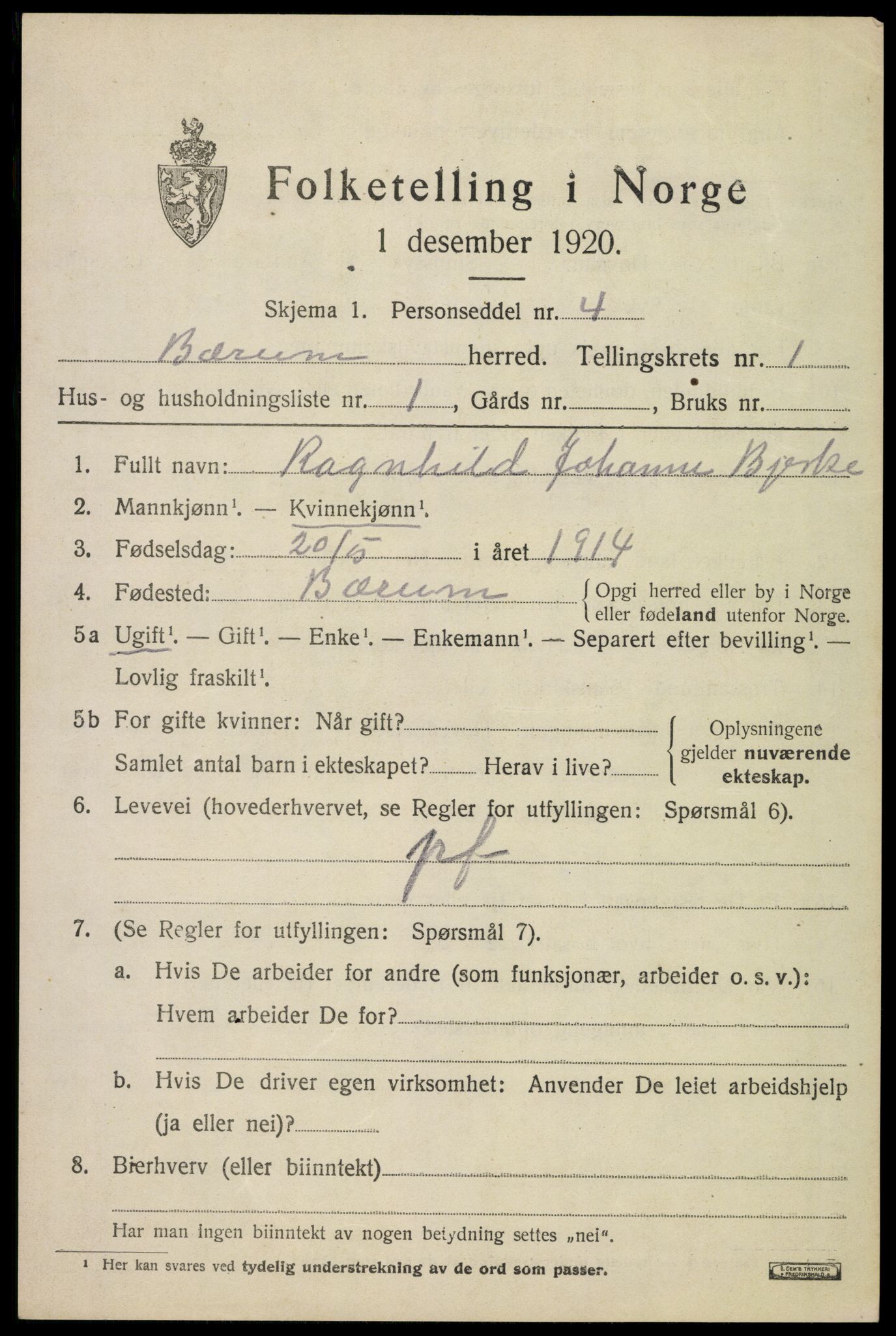 SAO, 1920 census for Bærum, 1920, p. 5098