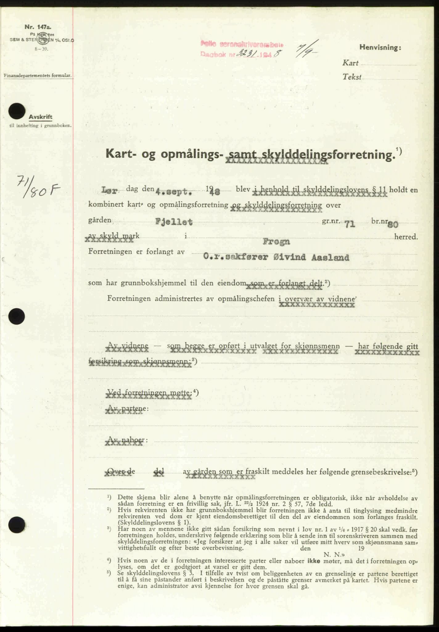 Follo sorenskriveri, SAO/A-10274/G/Ga/Gaa/L0085: Mortgage book no. I 85, 1948-1948, Diary no: : 3231/1948