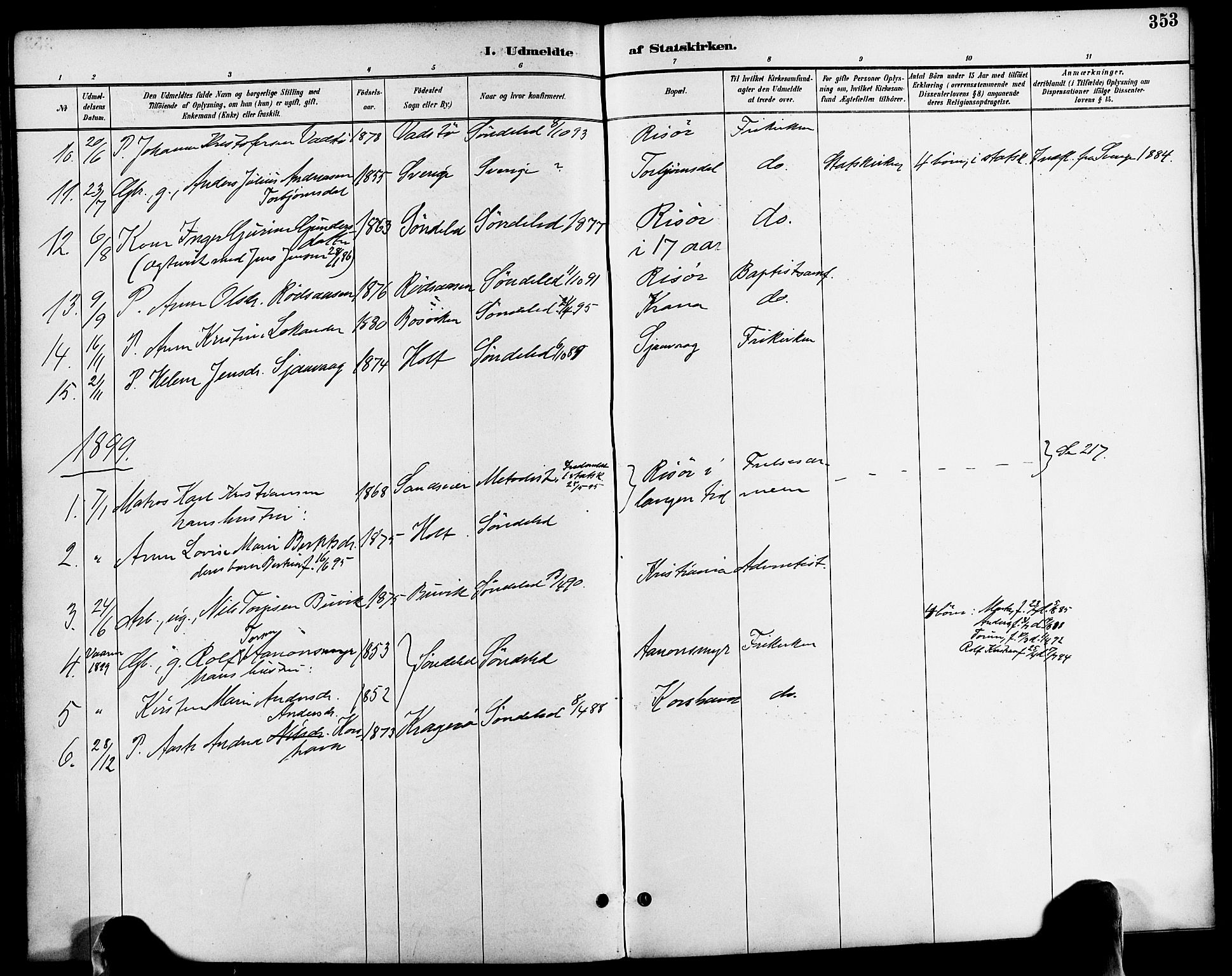 Søndeled sokneprestkontor, SAK/1111-0038/F/Fa/L0005: Parish register (official) no. A 5, 1889-1899, p. 353