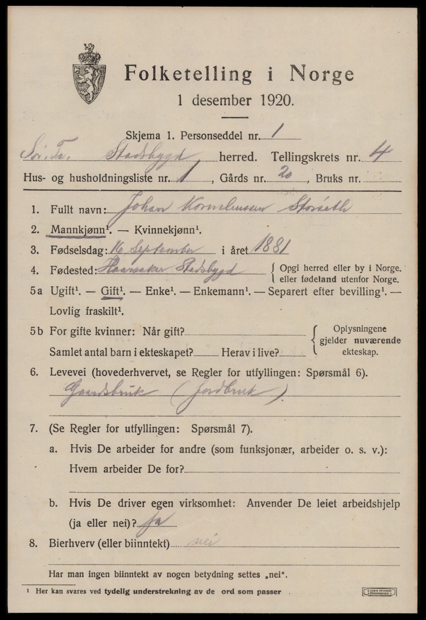 SAT, 1920 census for Stadsbygd, 1920, p. 2358