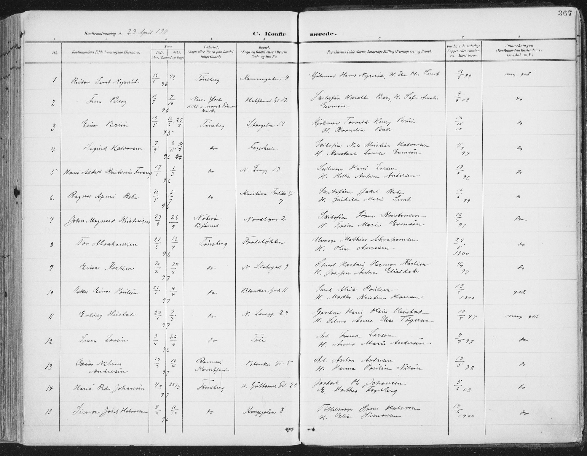 Tønsberg kirkebøker, AV/SAKO-A-330/F/Fa/L0014: Parish register (official) no. I 14, 1900-1913, p. 367