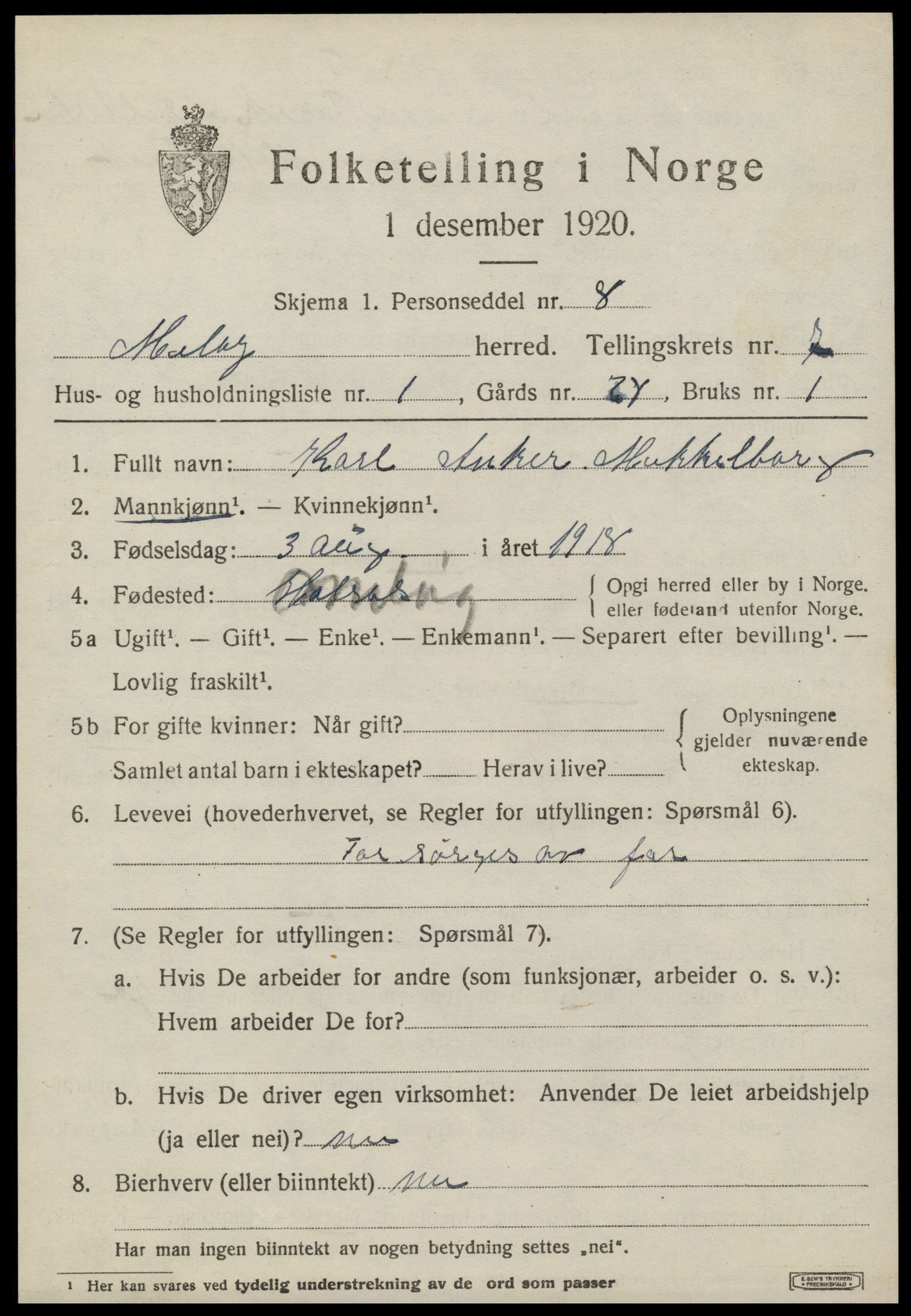 SAT, 1920 census for Meløy, 1920, p. 3725