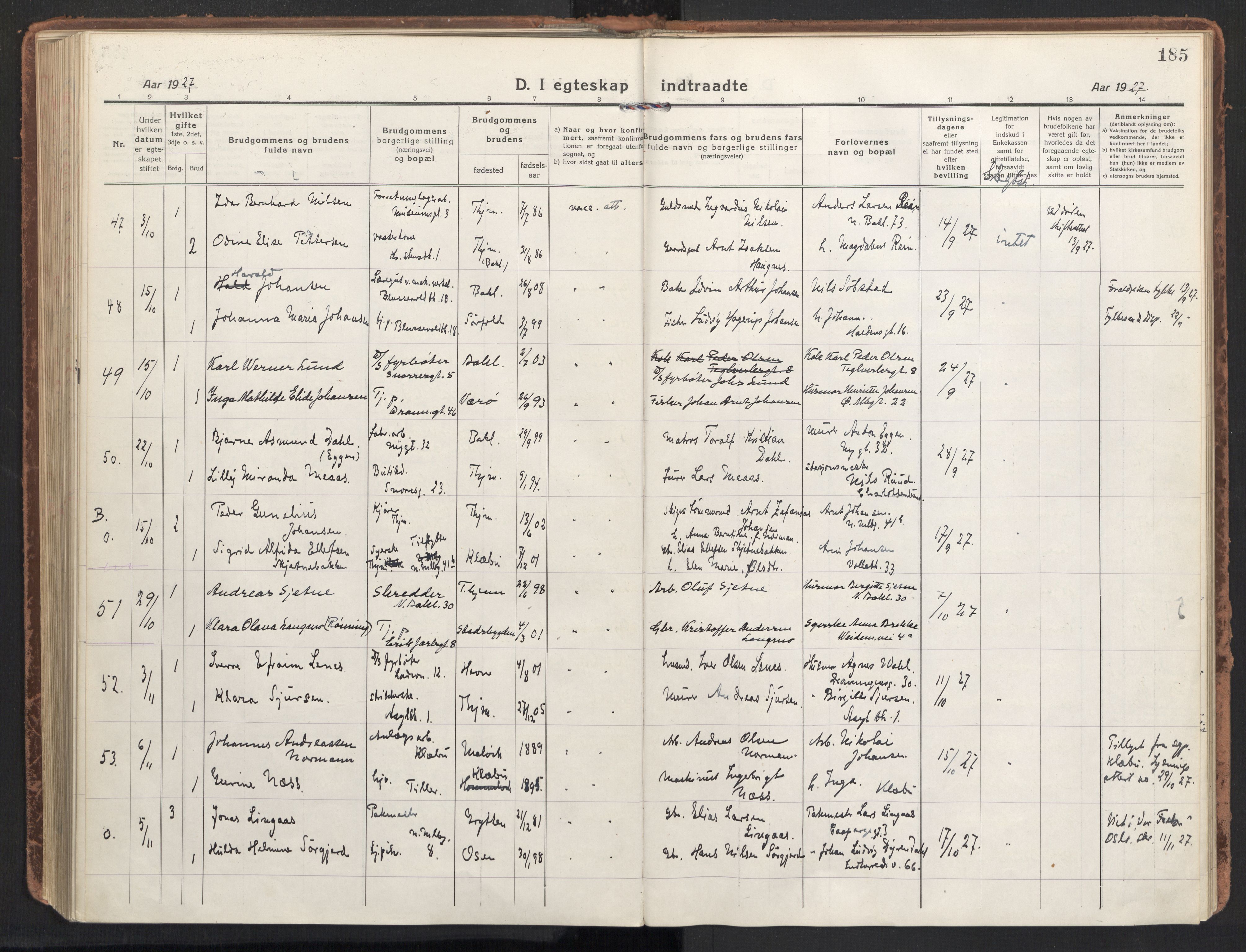 Ministerialprotokoller, klokkerbøker og fødselsregistre - Sør-Trøndelag, AV/SAT-A-1456/604/L0206: Parish register (official) no. 604A26, 1917-1931, p. 185