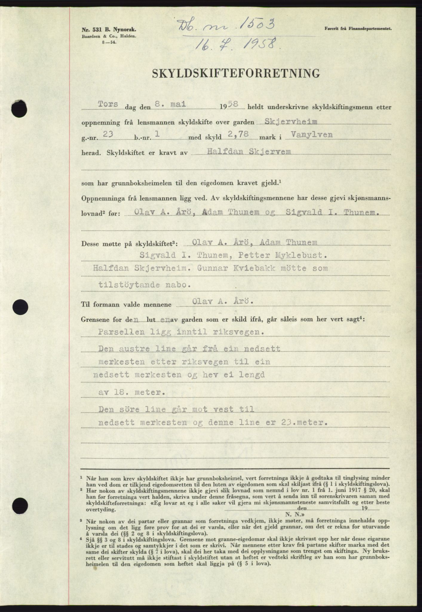 Søre Sunnmøre sorenskriveri, AV/SAT-A-4122/1/2/2C/L0110: Mortgage book no. 36A, 1958-1958, Diary no: : 1503/1958