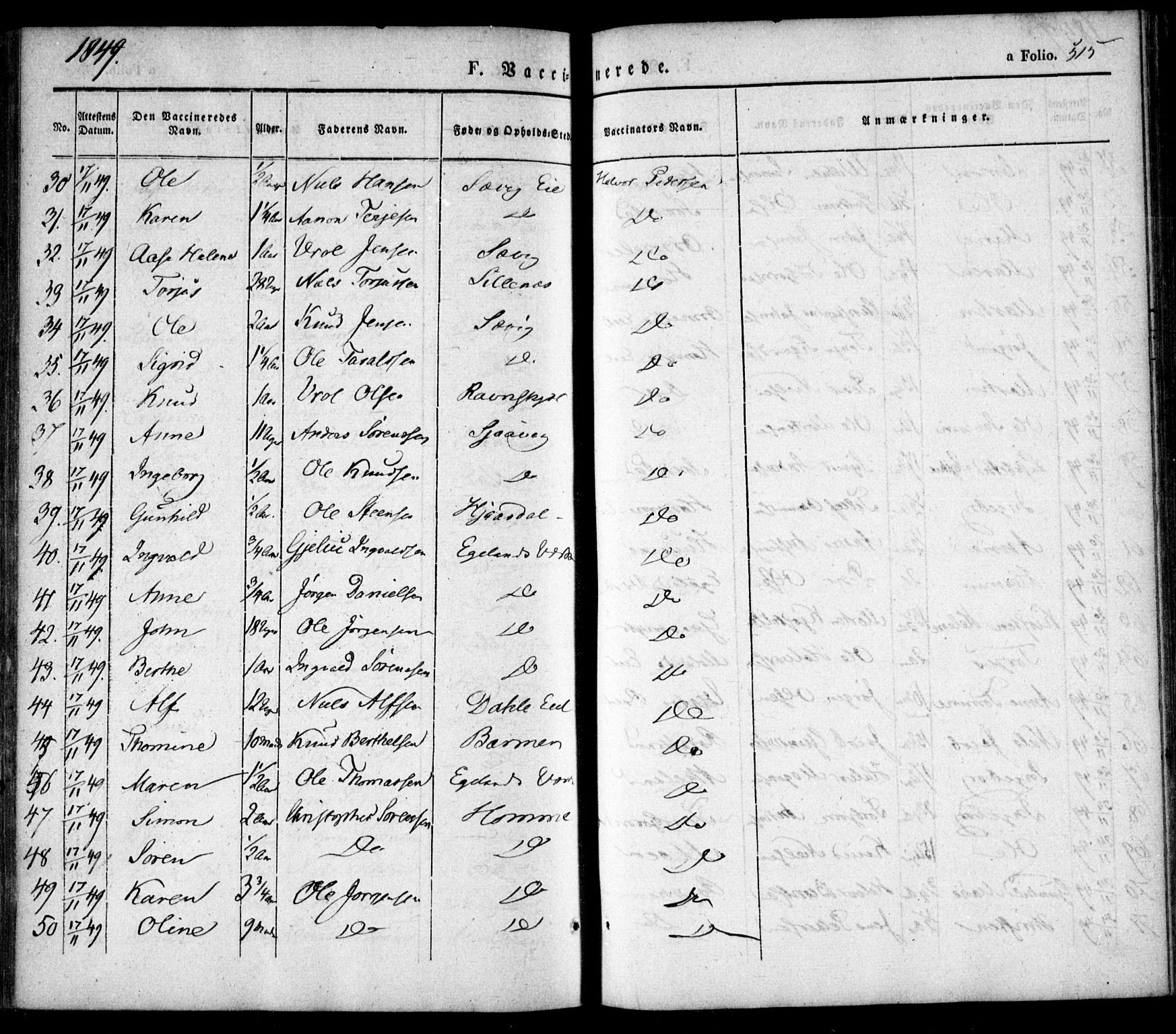 Søndeled sokneprestkontor, AV/SAK-1111-0038/F/Fa/L0002: Parish register (official) no. A 2, 1839-1860, p. 515