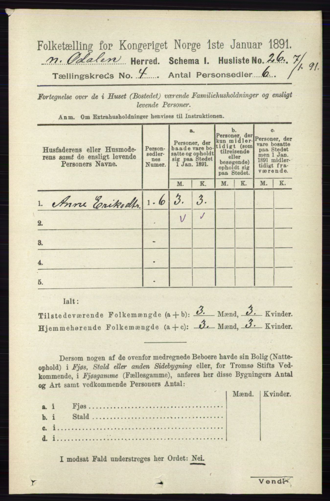 RA, 1891 census for 0418 Nord-Odal, 1891, p. 1255