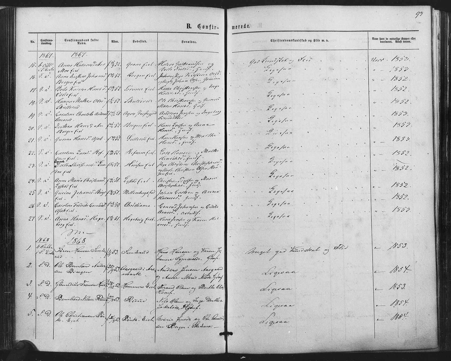 Sørum prestekontor Kirkebøker, SAO/A-10303/F/Fa/L0006: Parish register (official) no. I 6, 1864-1877, p. 93