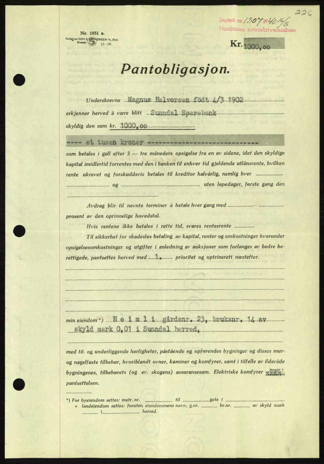 Nordmøre sorenskriveri, AV/SAT-A-4132/1/2/2Ca: Mortgage book no. B87, 1940-1941, Diary no: : 1307/1940