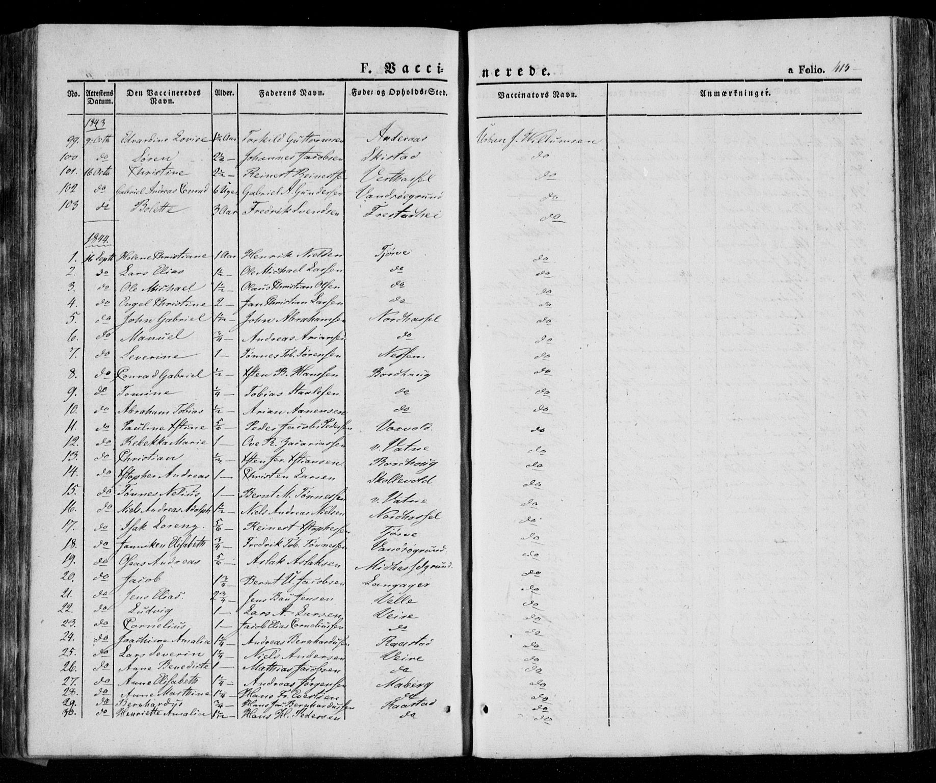 Lista sokneprestkontor, AV/SAK-1111-0027/F/Fa/L0009: Parish register (official) no. A 9, 1835-1846, p. 415