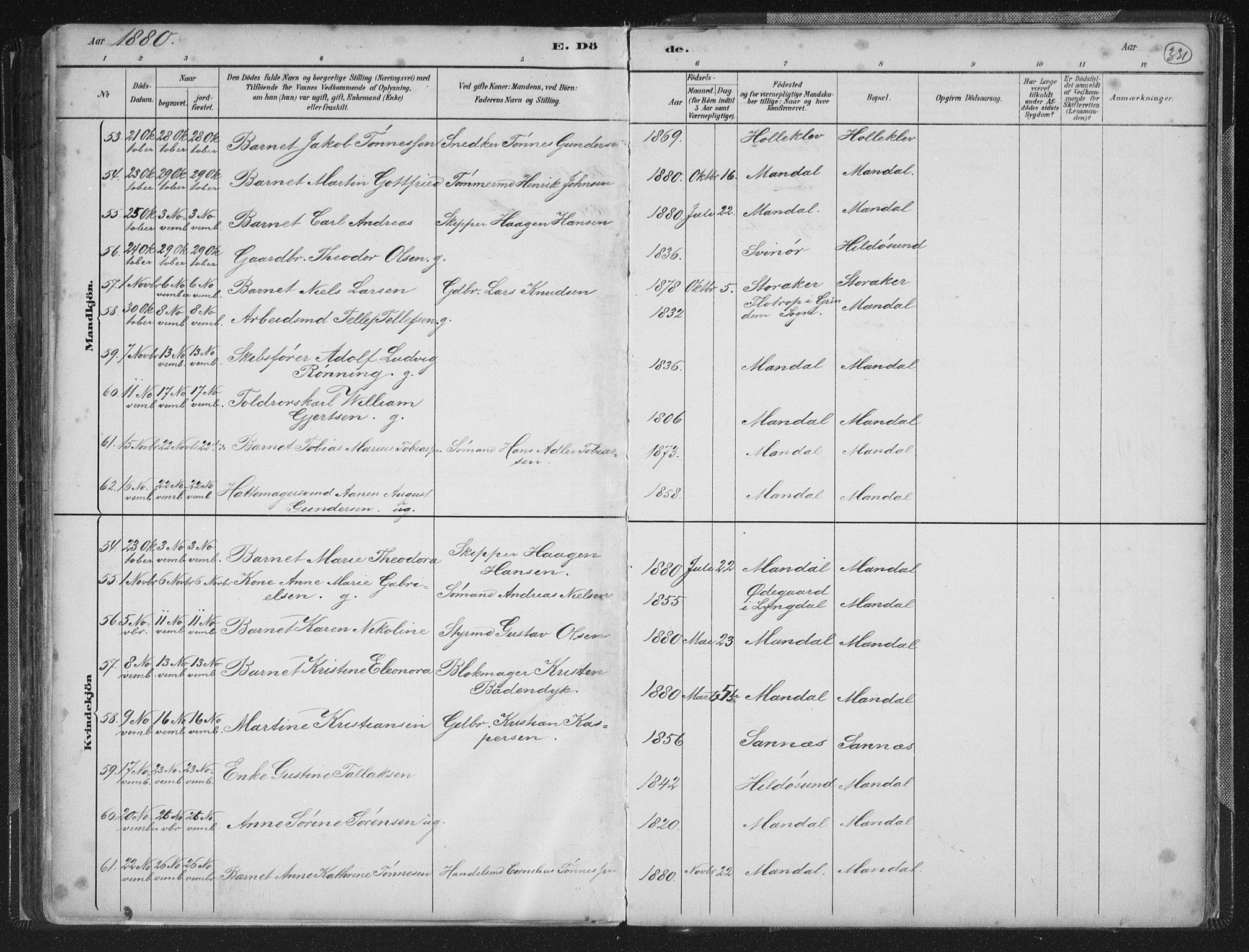 Mandal sokneprestkontor, AV/SAK-1111-0030/F/Fb/Fba/L0011: Parish register (copy) no. B 5, 1880-1898, p. 331