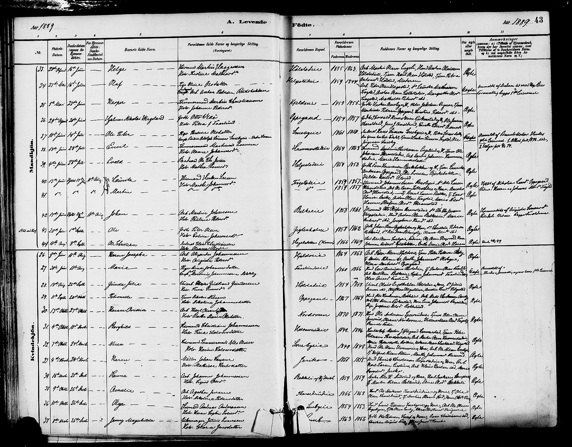 Østre Toten prestekontor, AV/SAH-PREST-104/H/Ha/Haa/L0007: Parish register (official) no. 7, 1881-1896, p. 43