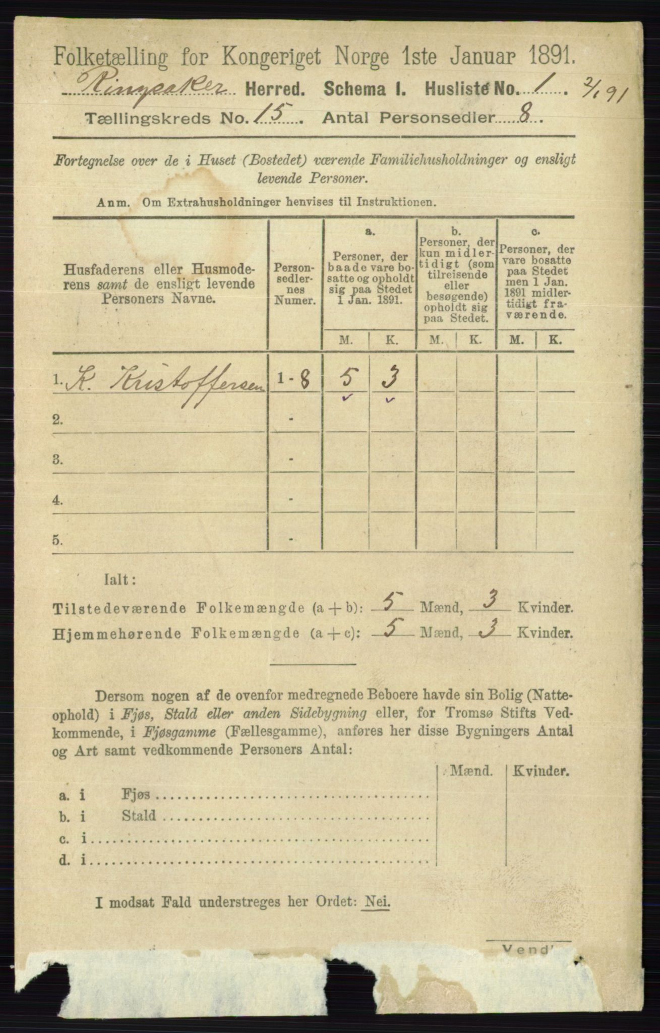 RA, 1891 census for 0412 Ringsaker, 1891, p. 8398