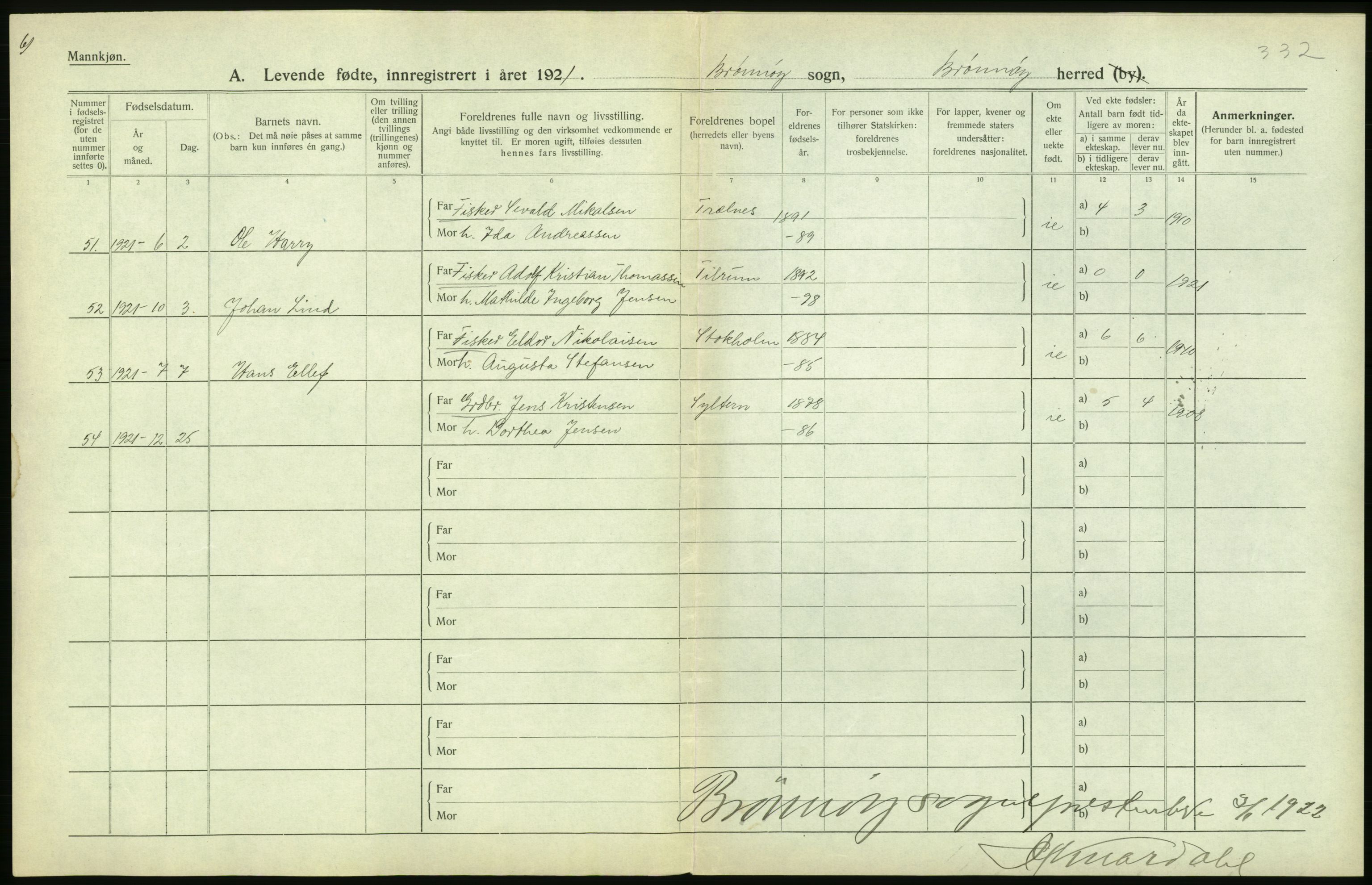 Statistisk sentralbyrå, Sosiodemografiske emner, Befolkning, AV/RA-S-2228/D/Df/Dfc/Dfca/L0049: Nordland fylke: Levendefødte menn og kvinner. Bygder., 1921, p. 474