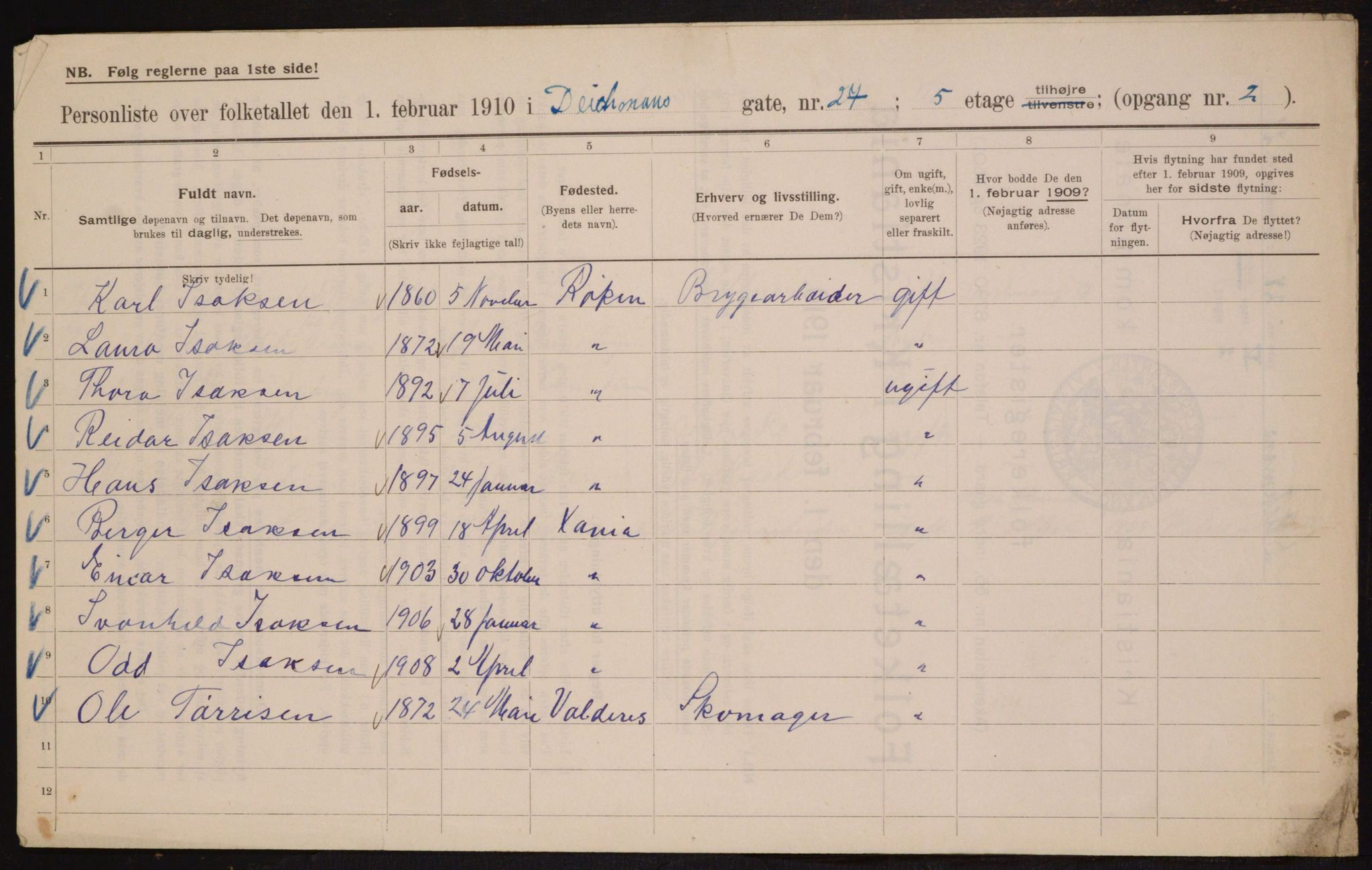 OBA, Municipal Census 1910 for Kristiania, 1910, p. 15144