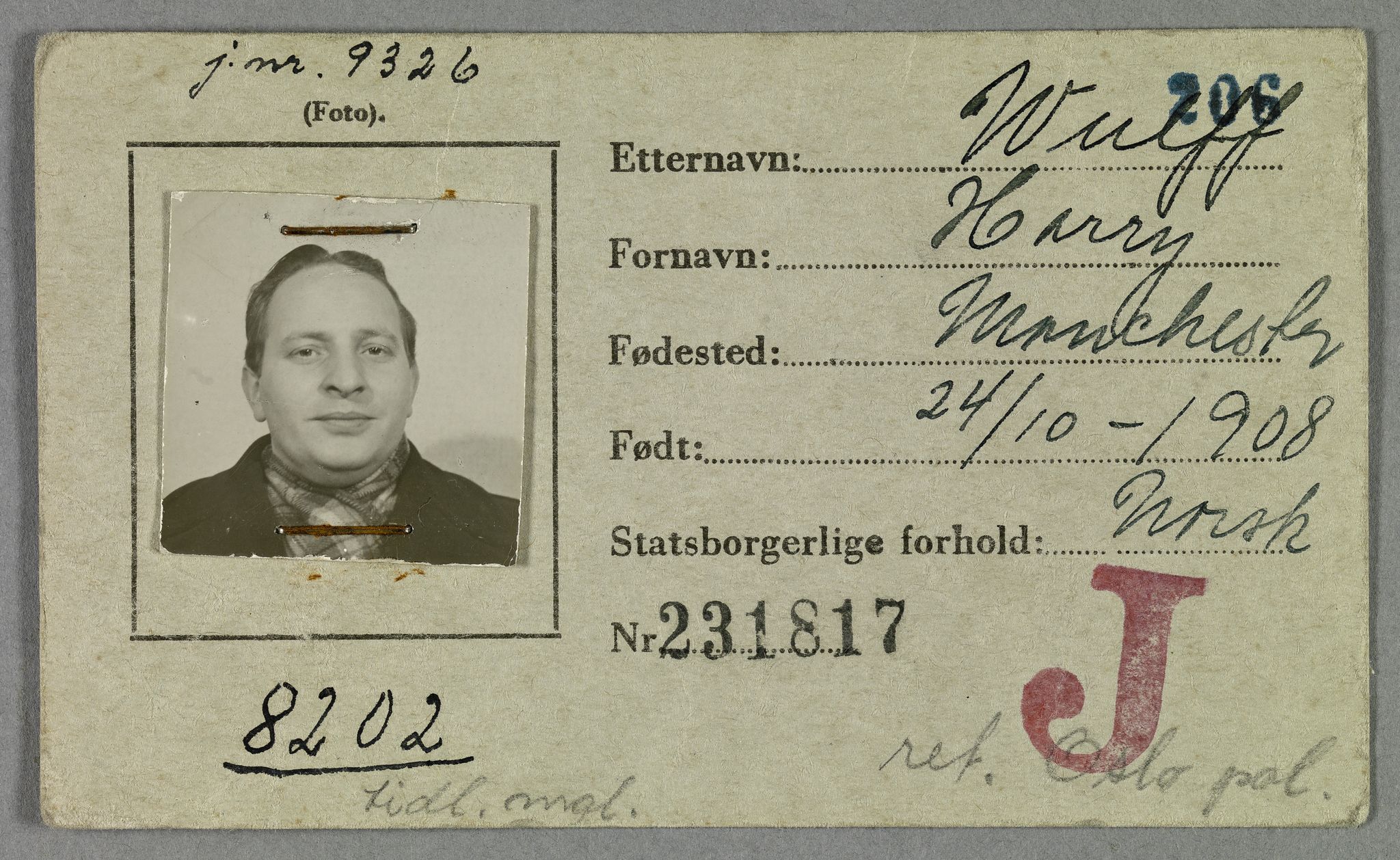 Sosialdepartementet, Våre Falne, RA/S-1708/E/Ee/L0021A: Fotografier av jøder på legitimasjonskort (1941-42), 1941-1942, p. 333