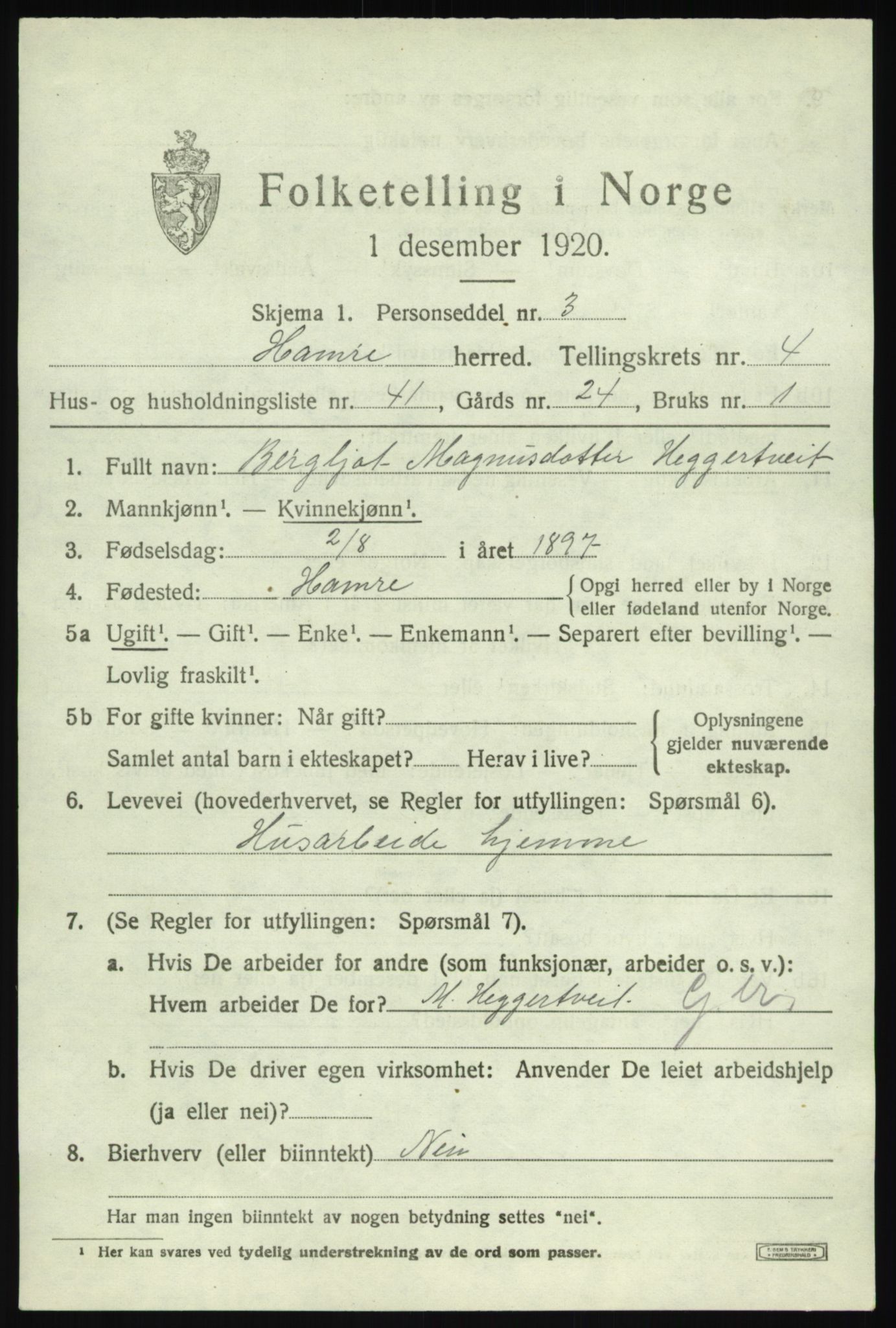 SAB, 1920 census for Hamre, 1920, p. 2795