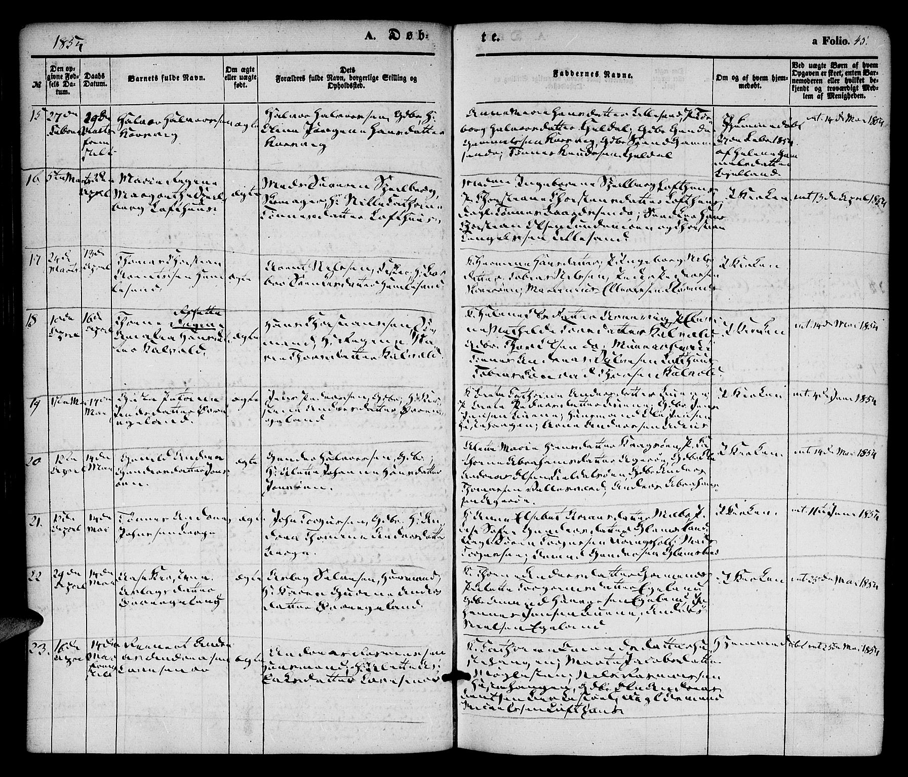 Vestre Moland sokneprestkontor, AV/SAK-1111-0046/F/Fa/Fab/L0006: Parish register (official) no. A 6, 1850-1858, p. 45