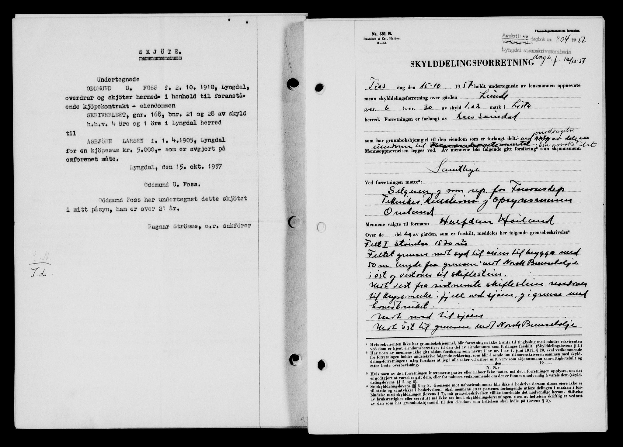 Lyngdal sorenskriveri, AV/SAK-1221-0004/G/Gb/L0676: Mortgage book no. A XXII, 1957-1957, Diary no: : 804/1957